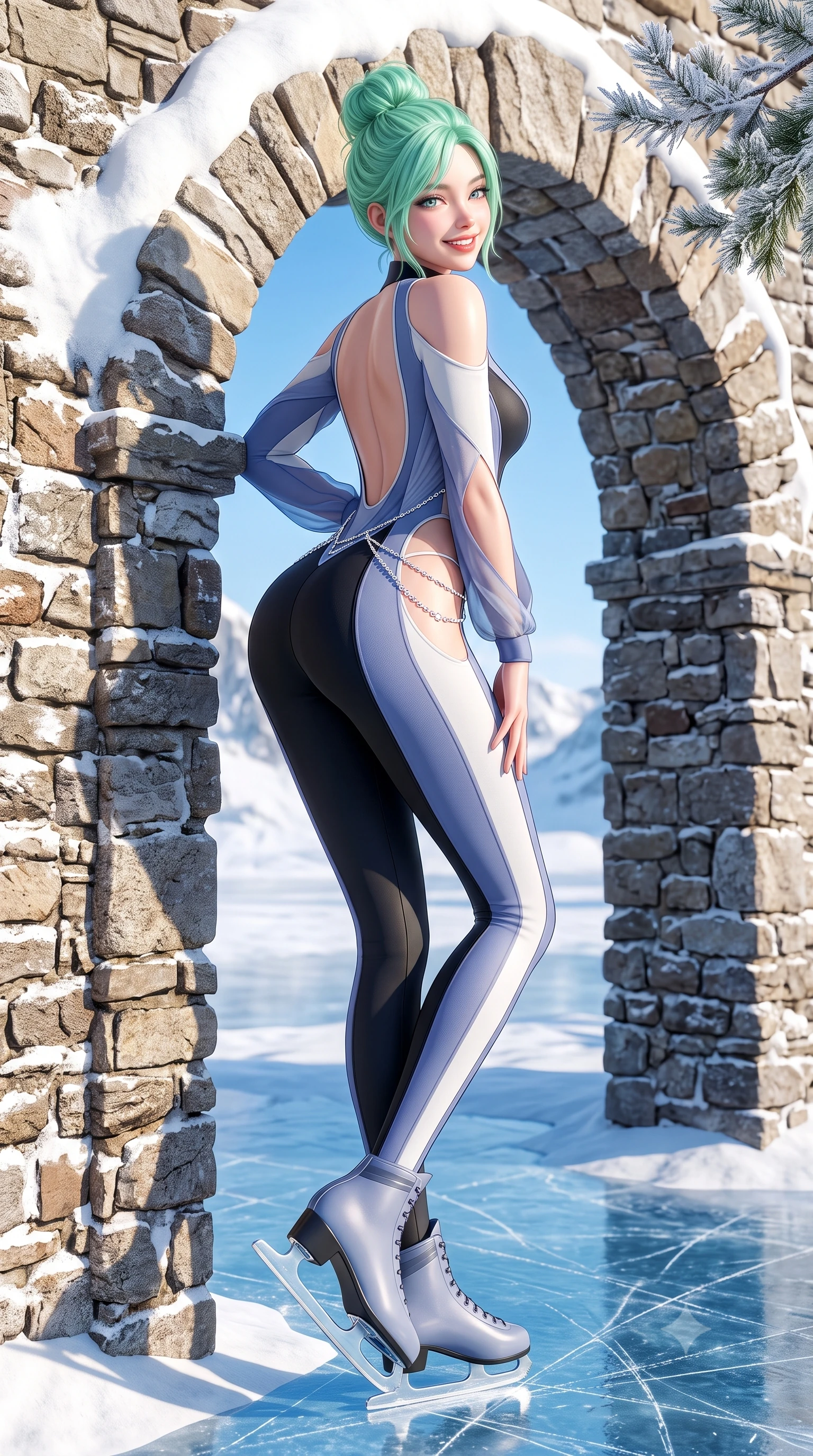 score_9, masterpiece, best quality, ultra-detailed, high-budget anime keyframe, semi-realistic 3D game render, editorial fashion photography, tasteful artistic composition, Japanese woman. low angle full-body shot from head to toe showing her feet, filling the entire 9:16 vertical frame with her statuesque presence, stretching her vertical silhouette. leaning deep against the sunlit chalet archway with hips cocked back in a cute yet unapologetically alluring high-fashion stance, flashing a warm beaming smile while leaning against the snow-capped stone terrace wall with hips cocked back, looking back over a bare shoulder with an enchanting, sunlit smile. The surrounding environment is rendered in vivid detail and crisp panoramic clarity. sharp ice skate blade scratches on clear blue ice, rustic limestone masonry, and pine needle frost details in deep focus. She has an exceptionally tall and slender model-like 8.5-heads proportion, an ultra-slim waist, a flat toned midriff, narrow delicate ribcage, and beautifully sculpted feminine hips creating a graceful, slim hourglass silhouette without any bulky heaviness, with impossibly long slender legs. sharp v-shaped jawline, high-bridge nose, sparkling ice-crystal eyes with depth, frosty thick lashes, glossy parted lips with a rosy berry sheen, bright playful smile with an intoxicating seductive glint, rosy flushed cheeks radiating cozy warmth and dangerous allure, flawlessly proportioned anatomical accuracy, strict slender model proportions, natural body alignment, perfectly sculpted long slender limbs, ultra-slim waistline, clean dynamic posture without body distortion. wearing a plunging-V thermal ski jumpsuit in sleek obsidian clinging to her athletic hips and waist in dusty periwinkle blue and cloud white, woven from layered gossamer chiffon with ethereal weightless flutter, accented with a delicate crystal body chain catching the snowy ambient light, the precision-cut side openings and low-back scoop framing her graceful spine and the sensual sweep of her slim, toned hips. bathed in brilliant Canadian mountain sunlight reflecting off the vast frozen glacier basin. highly saturated vibrant anime colors, detailed shading with soft gradients, rich glossy textures, high-contrast stereoscopic depth, volumetric dynamic lighting, master piece, 9:16 ratio
