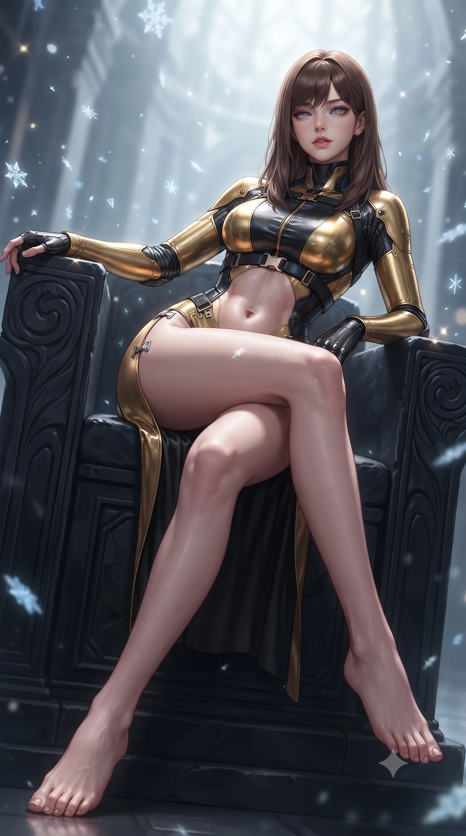 score_9, masterpiece, best quality, ultra-detailed, high-budget anime keyframe, editorial fashion photography, tasteful artistic composition, Korean woman. low angle full-body shot from head to toe showing her feet, filling the entire 9:16 vertical frame with her statuesque presence, stretching her vertical silhouette. sitting perched on the elevated edge with hips angled toward the camera and legs crossed, displaying her toned midriff and flawlessly sculpted slender limbs while reclining on a carved obsidian throne propped on one elbow, eyes glowing with supernatural magnetism as she glances past the camera. The composition keeps background elements in soft focus with creamy bokeh. drifting frost crystal flakes and holographic rune glyphs scattering radiant celestial light motes. She has an absolutely perfect, statuesque 8.5-heads proportion, an exceptionally tall and slender model-like female figure with impossibly long slender legs, a toned flat midriff, an ultra-slim waist, and beautifully sculpted feminine hips. sharp v-shaped jawline, high-bridge nose, intricate jewel-like eyes with depth, thick eyelashes, glossy parted lips with a natural sheen, intensely captivating and seductive bedroom-eyes expression, flawlessly proportioned anatomical accuracy, strict slender model proportions, natural body alignment, perfectly sculpted long slender limbs, ultra-slim waistline, clean dynamic posture without body distortion. wearing a high-tech surveillance operative suit with flexible titanium joints and waist-cinching harness in metallic liquid gold and obsidian black, formed from ultra-sleek carbon-fiber reinforced composite with specular sheen, accented with an ultra-high side slit secured by miniature chrome clasps, the second-skin form-contouring cut accentuating her sculpted flat midriff, narrow waistline, and dramatically curvy hips without adding bulk. surrounded by an indomitable, lethal, and breathtakingly majestic cyber-valkyrie goddess aura. ultra-reflective glossy finish, specular highlights, rich textural contrasts, high-contrast stereoscopic depth, volumetric dynamic lighting, 2k, ultra detail, master piece, 9:16 ratio