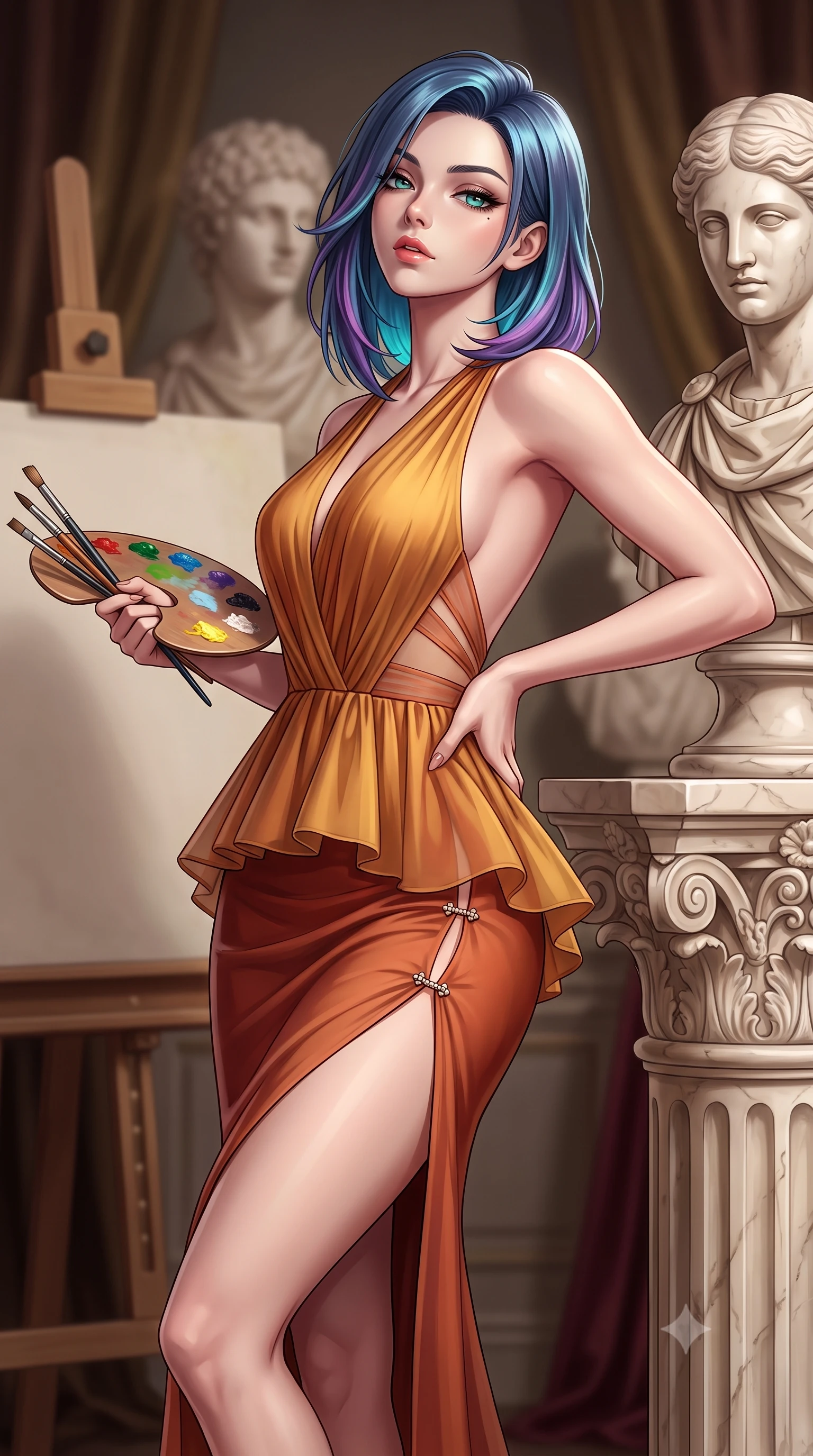 score_9, masterpiece, best quality, ultra-detailed, high-budget anime keyframe, semi-realistic 3D game render, editorial fashion photography, tasteful artistic composition, Caucasian woman. close-up cowboy shot from the waist and thighs up, the character dominates the composition, filling the frame with her large presence. tilting her chin up with proud, sovereign allure while gazing through thick eyelashes, one hand resting on her waist in pure supermodel charisma while leaning against a carved marble statue pedestal with hips cocked, holding a painter's palette while casting an alluring bedroom-gaze. The composition keeps background elements in soft focus with creamy bokeh. marble bust statues and velvet draperies softened in classical artistic shallow focus. She has an exceptionally elegant, slender, and willowy female figure with an ultra-slim waist, flat toned midriff, narrow ribcage, and sculpted feminine hips creating an alluring, slim hourglass silhouette without bulk. sharp v-shaped jawline, high-bridge nose, intricate jewel-like eyes with depth, thick eyelashes, glossy parted lips with a natural sheen, intensely captivating and seductive bedroom-eyes expression, flawlessly proportioned anatomical accuracy, strict slender model proportions, natural body alignment, perfectly sculpted long slender limbs, ultra-slim waistline, clean dynamic posture without body distortion. wearing a structural geometric peplum gown with sheer side-ribbon cutouts and form-fitting skirt in molten desert gold and burnt terracotta, woven from layered gossamer chiffon with a weightless sweeping drape, finished with an ultra-high side slit secured by miniature jeweled clasps, the dramatically scooped open back descending to the base of her spine, accentuating her razor-sharp statuesque lines and slim hourglass silhouette. illuminated by crisp sculptural key lighting carving her narrow waist, curved hips, and statuesque limbs. highly saturated vibrant anime colors, detailed shading with soft gradients, rich glossy textures, high-contrast stereoscopic depth, volumetric dynamic lighting, master piece, 9:16 ratio