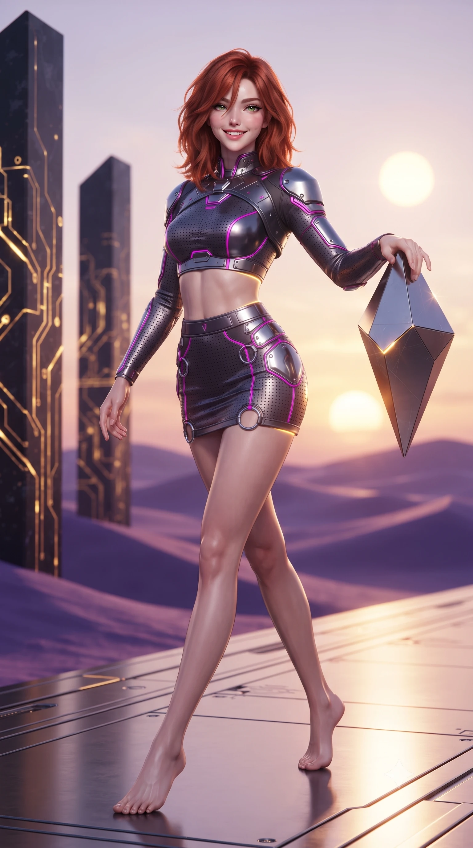 score_9, masterpiece, best quality, ultra-detailed, high-budget anime keyframe, editorial fashion photography, tasteful artistic composition, Korean woman. low angle full-body shot from head to toe showing her feet, filling the entire 9:16 vertical frame with her statuesque presence, stretching her vertical silhouette. striding forward gracefully across the reflective metal deck in mid-motion with a radiant beaming smile, hips swaying in an alluring kinetic rhythm that accentuates her curvy hourglass silhouette and long slender legs while leaning against a floating geometric metal shard with hips cocked back, casting an alluring bedroom-gaze over the twin-sun sunset. The background shows a soft-focus soaring obsidian monoliths with glowing golden circuit etchings and rolling violet sand dunes blurred into copper, amethyst, and gold bokeh. She has an absolutely perfect, statuesque 8.5-heads proportion, an exceptionally tall and slender model-like female figure with impossibly long slender legs, an ultra-slim waist, a flat toned midriff, narrow delicate ribcage, and beautifully sculpted feminine hips creating a graceful, slim hourglass silhouette without any bulky heaviness. sharp v-shaped jawline, high-bridge nose, intricate jewel-like sparkling eyes with depth, thick eyelashes, glossy parted lips with a natural sheen, bright confident smile with an enchanting and coquettish sensual glint, exuding both youthful magnetic charm and sovereign high-tech allure, flawlessly proportioned anatomical accuracy, strict slender model proportions, natural body alignment, perfectly sculpted long slender limbs, ultra-slim waistline, clean dynamic posture without body distortion. wearing a modern mecha-suit two-piece set featuring a cropped armored bolero top and micro tactical skirt with chrome rings in deep titanium gunmetal and radiant magenta neon, made of high-grade ballistic nylon with precision laser-cut perforations, accented with strategically placed chrome armor plate guards covering key curves, the aerodynamic second-skin silhouette tightly following the natural contour of her hips and long slender legs with youthful 8.5-heads elegance. illuminated by glowing monolith circuit veins and sharp golden-amber rim lights sculpting her razor-sharp jawline, narrow waist, and curvy hips. ultra-reflective glossy finish, specular highlights, rich textural contrasts, high-contrast stereoscopic depth, volumetric dynamic lighting, 2k, ultra detail, master piece, 9:16 ratio