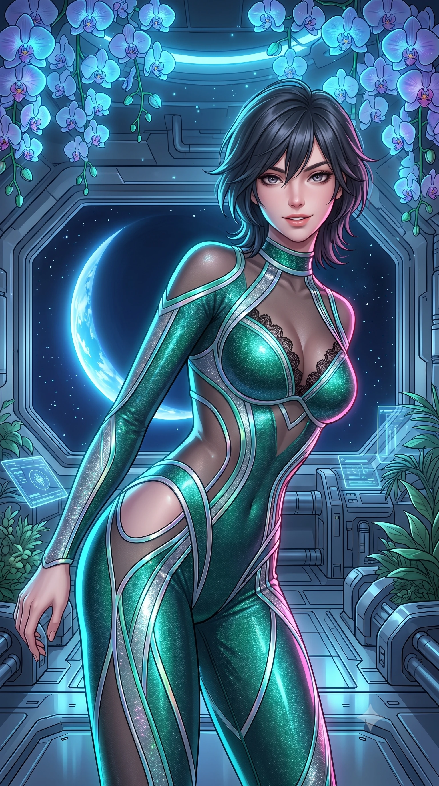 score_9, masterpiece, best quality, ultra-detailed, high-budget anime keyframe, semi-realistic 3D game render, editorial fashion photography, tasteful artistic composition, Caucasian woman. close-up cowboy shot from the waist and thighs up, the character dominates the composition, filling the frame with her large presence. leaning forward while arching her lower back to accentuate her curvy hips, looking into the camera with an intoxicating smoldering gaze and bedroom-eyes while standing poised beneath cascading tendrils of bioluminescent orchids in the orbital greenhouse, arching her lower back as the glowing blue crescent of planet Earth rotates outside the panoramic window. The surrounding environment is rendered in vivid detail and crisp panoramic clarity: detailed ultra-daring sheer vinyl-trimmed illusion mesh catsuit, translucent cutouts, and sci-fi habitat craft in high resolution. She has an exceptionally elegant, slender, and willowy female figure with an ultra-slim waist, flat toned midriff, narrow ribcage, and sculpted feminine hips creating an alluring, slim hourglass silhouette without bulk. sharp v-shaped jawline, high-bridge nose, intricate jewel-like sparkling eyes with depth, thick eyelashes, glossy parted lips with a natural peach sheen, bright cheerful beaming smile with an enchanting and coquettish sensual glint, exuding both youthful cute charm and seductive allure, flawlessly proportioned anatomical accuracy, strict slender model proportions, natural body alignment, perfectly sculpted long slender limbs, ultra-slim waistline, clean dynamic posture without body distortion. wearing a provocative cyber-mesh sheer bodysuit with luminescent holographic fiber piping contouring her hourglass frame in Nordic aurora emerald green and starlight silver, woven from stretch metallic lurex jersey casting radiant starlight glints across her curves, finished with scalloped eyelash lace trim framing her sweetheart neckline with intimate elegance, the precision-cut side openings and low-back scoop framing her graceful spine and the sensual sweep of her slim, toned hips. illuminated by floor reflection fill and sharp electric-cyan and rose rim lights defining her dewy collarbones, ultra-slim waist, and curvy hips. highly saturated vibrant anime colors, detailed shading with soft gradients, rich glossy textures, high-contrast stereoscopic depth, volumetric dynamic lighting, master piece, 9:16 ratio