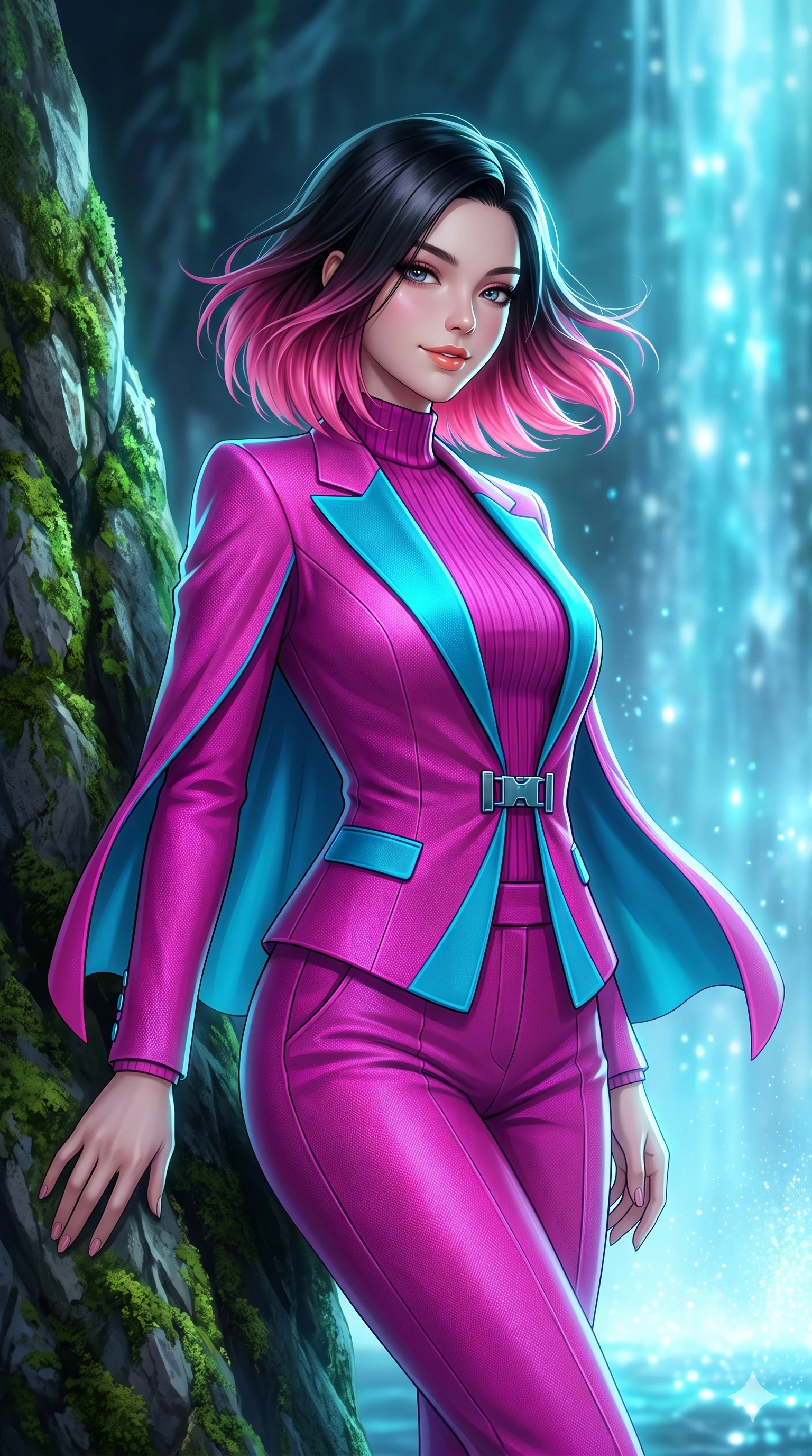 score_9, masterpiece, best quality, ultra-detailed, high-budget anime keyframe, semi-realistic 3D game render, editorial fashion photography, tasteful artistic composition, Korean woman. close-up cowboy shot from the waist and thighs up, the character dominates the composition, filling the frame with her large presence. turning slowly with an enchanting smoldering smile, her glossy hair tossing in the breeze as her hips angle gracefully in a captivating contrapposto while leaning against the moss-covered rock needle with hips cocked back, watching glowing azure water cascades splash into luminous mist with heavy-lidded bedroom-eyes. The background shows a soft-focus bioluminescent water spray softened in deep subterranean grotto shallow focus. She has an exceptionally elegant, slender, and willowy female figure with an ultra-slim waist, flat toned midriff, narrow ribcage, and sculpted feminine hips creating an alluring, slim hourglass silhouette without bulk. sharp v-shaped jawline, high-bridge nose, intricate jewel-like sparkling eyes with depth, thick eyelashes, glossy parted lips with a natural peach sheen, bright cheerful beaming smile with an enchanting and coquettish sensual glint, exuding both youthful cute charm and seductive allure, flawlessly proportioned anatomical accuracy, strict slender model proportions, natural body alignment, perfectly sculpted long slender limbs, ultra-slim waistline, clean dynamic posture without body distortion. wearing a tailored cyber-haute couture cape blazer layered over a high-neck ribbed knit top and tailored trousers in Neo-Shinjuku neon magenta and electric cyan, tailored from high-density tech-wool with subtle metallic thread weave, finished with sleek magnetic buckle closures fluttering in the breeze, the impeccably tailored cut draping gracefully along her slender figure with aristocratic poise. illuminated by waterfall spray bounce and sharp cyan-white rim lights defining her jawline, narrow waist, and curvy hips. highly saturated vibrant anime colors, detailed shading with soft gradients, rich glossy textures, high-contrast stereoscopic depth, volumetric dynamic lighting, master piece, 9:16 ratio