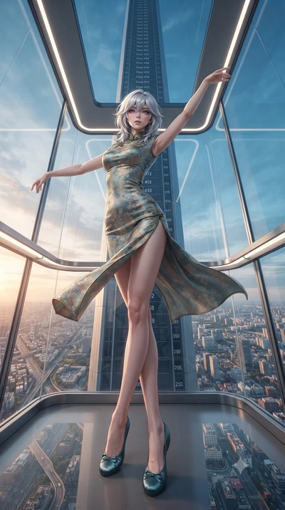 score_9, masterpiece, best quality, ultra-detailed, high-budget anime keyframe, editorial fashion photography, tasteful artistic composition, Japanese woman. low angle full-body shot from head to toe showing her feet, filling the entire 9:16 vertical