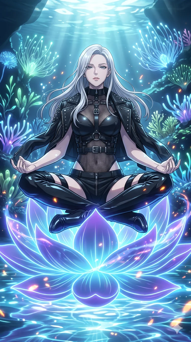 score_9, masterpiece, best quality, ultra-detailed, High-budget Anime Keyframe, vibrant colors, fluid line-art, expressive lighting, cinematic composition, Ufotable-style visual effects, top-tier animation quality, Caucasian woman with pale skin and refined features. Dynamic full-body shot stretching the vertical silhouette, capturing her from a powerful low-angle perspective. Meditating atop a massive digital lotus blossom that floats on a pond of liquid light. She has an absolutely perfect 8-heads proportion, an exceptionally tall and slender female figure with impossibly long slender legs and an ultra-slim waist, her statuesque height and towering silhouette dominating the vertical 9:16 frame. Her face is a masterpiece featuring a sharp v-shaped jawline, high-bridge nose, intricate jewel-like eyes with depth, thick eyelashes, and glossy lips with a natural sheen. She is wearing a Leather harness over a mesh bodysuit with zip-up micro-shorts and tactical belts, studded biker jacket draped over shoulders, and thigh-high patent leather boots, featuring strategic side cut-outs.. The scene is set in an underwater Eden where the plants are made of light and fiber-optics. 2k, ultra detail, master piece, 9:16 ratio