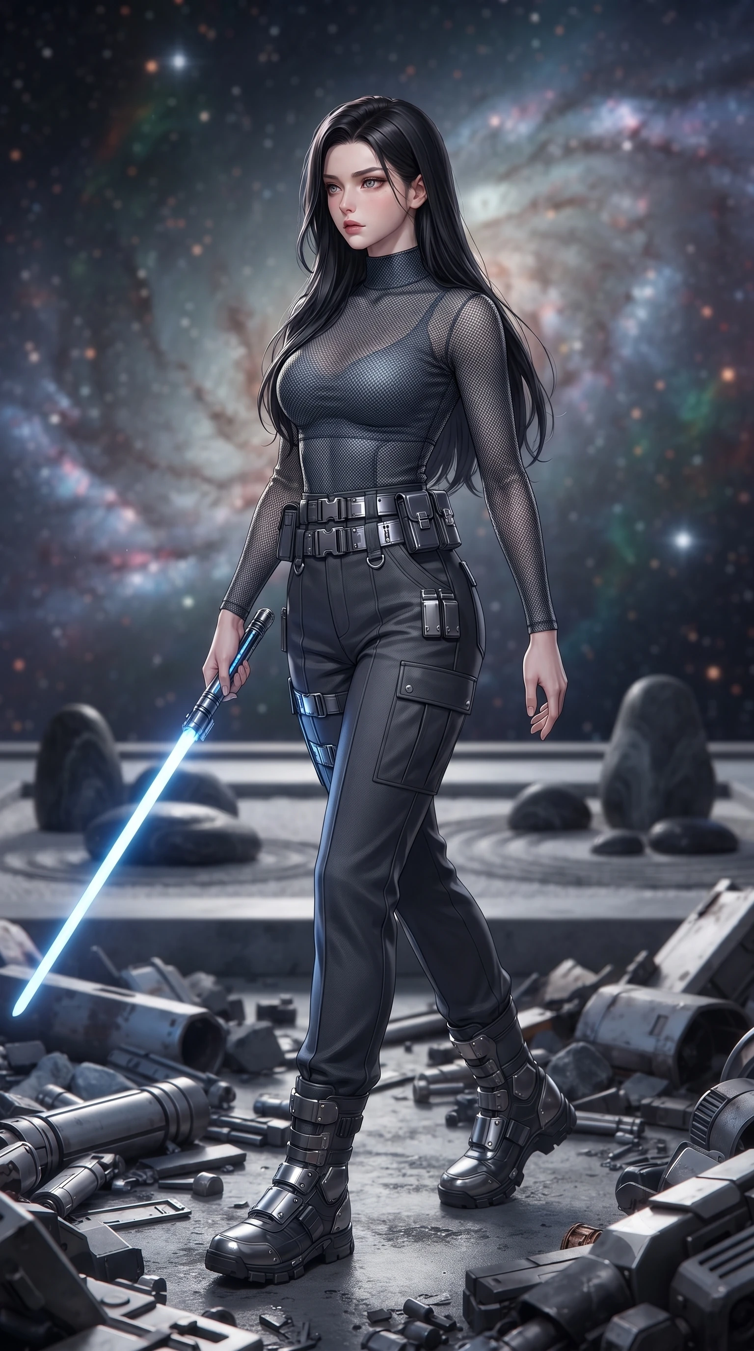 score_9, masterpiece, best quality, ultra-detailed, high-budget anime keyframe, editorial fashion photography, tasteful artistic composition, Korean woman. low angle full-body shot from head to toe showing her feet, filling the entire 9:16 vertical frame with her statuesque presence, stretching her vertical silhouette. stepping gracefully through battlefield debris with a glowing saber hilt in hand, looking back over her shoulder, the background shows a soft-focus a rock garden observatory platform looking out at a space nebula in stardust. She has an absolutely perfect, statuesque 8.5-heads proportion, an exceptionally tall and slender model-like female figure with impossibly long slender legs and an ultra-slim waist. sharp v-shaped jawline, high-bridge nose, intricate jewel-like eyes with depth, thick eyelashes, glossy lips with a natural sheen. wearing a body-hugging high-neck carbon-mesh tactical shirt tucked into structured combat trousers with metallic utility belts. soft silver starlight wrapping her statuesque posture in a quiet, solemn mood. ultra-reflective glossy finish, specular highlights, metallic sheen, high-contrast stereoscopic depth, volumetric dynamic lighting, 2k, ultra detail, master piece, 9:16 ratio