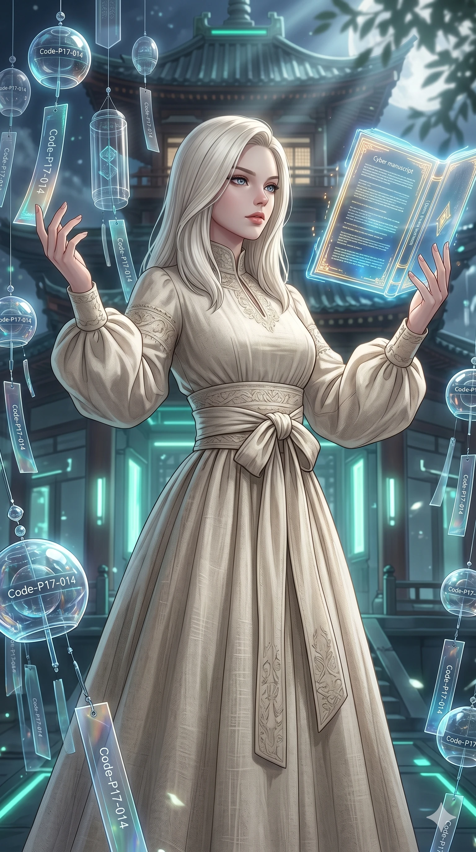 score_9, masterpiece, best quality, ultra-detailed, high-budget anime keyframe, editorial fashion photography, tasteful artistic composition, Caucasian woman, strictly human ears. cowboy shot from the thighs up, character and outfit filling the frame for maximum editorial presence. gazing at a floating glowing manuscript, her expression composed, intelligent and powerful by a futuristic cyber-pagoda surrounded by floating digital wind chimes (Code-P17-014). She has an absolutely perfect 8-heads proportion, an exceptionally tall and slender female figure with impossibly long slender legs and an ultra-slim waist. V-shaped jawline, high-bridge nose, intricate jewel-like eyes with depth, thick eyelashes, glossy lips with a natural sheen. wearing a high-neck linen sundress with long puffed sleeves and a wide sash. soft silver moonlight filtered through the leaves, creating a mystical and elegant glow. 2k, ultra detail, master piece, 9:16 ratio