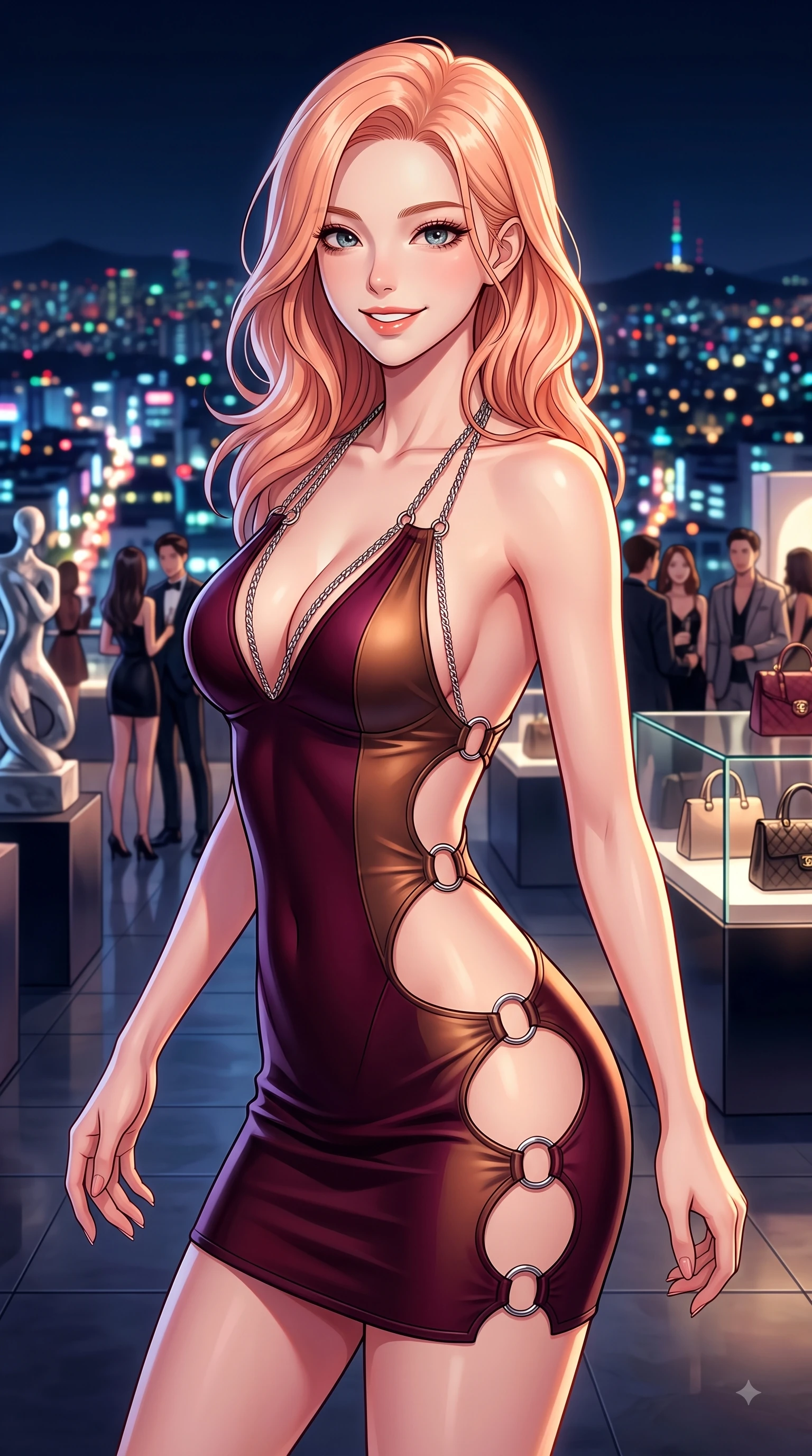 score_9, masterpiece, best quality, ultra-detailed, high-budget anime keyframe, editorial fashion photography, tasteful artistic composition, Japanese woman. close-up cowboy shot from the waist and thighs up, the character dominates the composition, filling the frame with her large presence, background elements kept in soft focus. Youthful bright smile exuding pure cute charm and fresh energy, her torso turning dynamically into the lens while pivoting dynamically on a open-air Itaewon rooftop lounge as city night lights twinkle below, designer handbag displays and modern art sculptures framing the opulent interior. She has an exceptionally elegant, slender, and willowy female figure with an ultra-slim waist, a gracefully sculpted slender torso, and a refined silhouette. sharp v-shaped jawline, high-bridge nose, intricate jewel-like eyes with depth, thick eyelashes, glossy lips with a natural sheen, flawlessly proportioned anatomical accuracy, natural body alignment, perfectly sculpted elegant limbs, clean dynamic posture without body distortion. wearing a deep-scoop halter bodycon dress with hip cutouts connected by silver rings in deep burgundy and bronze, formed from sleek second-skin neoprene, adorned with delicate metallic chain straps along the neckline, the form-contouring material highlighting her ultra-slim waist and long lines. surrounded by a sophisticated, high-fashion nightlife aura. highly saturated vibrant anime colors, detailed shading with soft gradients, rich glossy textures, high-contrast stereoscopic depth, volumetric dynamic lighting, master piece, 9:16 ratio