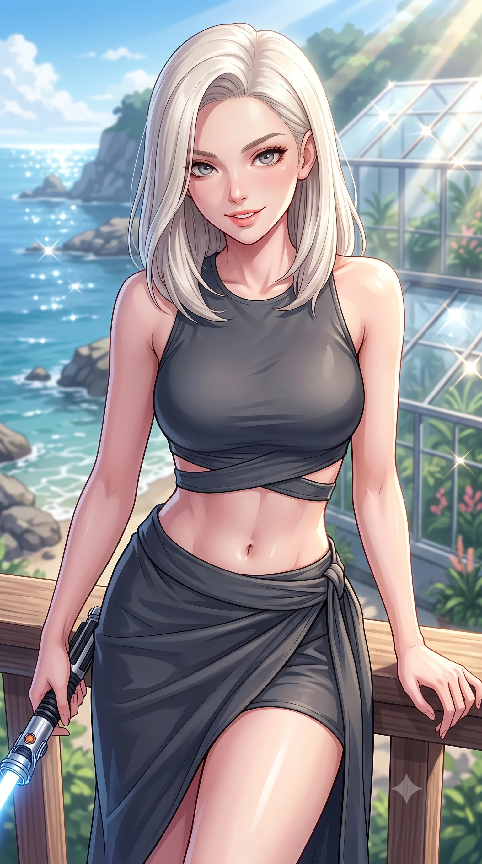 score_9, masterpiece, best quality, ultra-detailed, high-budget anime keyframe, editorial fashion photography, tasteful artistic composition, Caucasian woman. close-up cowboy shot from the waist and thighs up, the character dominates the composition, filling the frame with her large presence, background elements kept in soft focus. leaning slightly forward with a playful, teasing smile while holding a deactivated plasma saber hilt, the background shows a soft-focus a quiet coastal deck overlooking a rocky bay with botanical greenhouses. She has an exceptionally elegant, slender, and willowy female figure with an ultra-slim waist, a gracefully sculpted slender torso, and a refined silhouette. sharp v-shaped jawline, high-bridge nose, intricate jewel-like eyes with depth, thick eyelashes, glossy lips with a natural sheen. wearing a body-hugging summer-combat crop top and wrap skirt set in carbon-grey, showing her delicately sculpted midriff. bright morning sun rays creating sparkling glints on the sea and the greenhouse glass. highly saturated vibrant anime colors, detailed shading with soft gradients, rich glossy textures, high-contrast stereoscopic depth, volumetric dynamic lighting, master piece, 9:16 ratio
