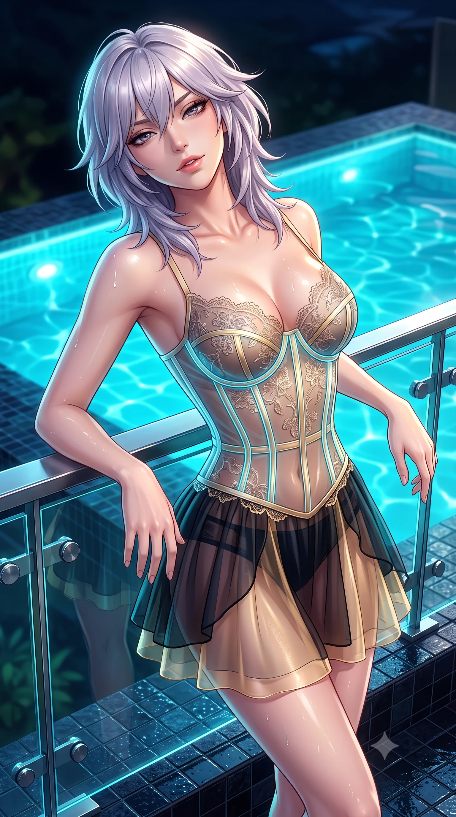 score_9, masterpiece, best quality, ultra-detailed, high-budget anime keyframe, semi-realistic 3D game render, editorial fashion photography, tasteful artistic composition, Japanese woman. close-up cowboy shot from the waist and thighs up, the character dominates the composition, filling the frame with her large presence. leaning back against the balustrade with relaxed seductive grace, head tilted back slightly while casting a hypnotic, heavy-lidded gaze while twisting her slender torso in an alluring contrapposto stance beside the thermal hydro-pool, glowing cyan water caustics wrapping around her curves. The surrounding environment is rendered in vivid detail and crisp panoramic clarity: sharp glass cantilever joint bolts, polished stainless steel coping edges, and dark mosaic tile surfaces in deep focus. She has an exceptionally elegant, slender, and willowy female figure with an ultra-slim waist, flat toned midriff, narrow ribcage, and sculpted feminine hips creating an alluring, slim hourglass silhouette without bulk. sharp v-shaped jawline, high-bridge nose, intricate jewel-like sparkling eyes with depth, thick eyelashes, glossy parted lips with a natural peach sheen, bright cheerful beaming smile with an enchanting and coquettish sensual glint, exuding both youthful cute charm and seductive allure, flawlessly proportioned anatomical accuracy, strict slender model proportions, natural body alignment, perfectly sculpted long slender limbs, ultra-slim waistline, clean dynamic posture without body distortion. wearing a sculpted underwire cyber-corset in translucent tech-tulle with illuminated boning channels paired with a sheer mini skirt in deep midnight obsidian black and liquid champagne gold, made of delicate embroidered tulle lace with intricate floral motifs and soft transparency, finished with scalloped eyelash lace trim framing her sweetheart neckline with intimate elegance, the liquid-tight tailored fabric clinging flawlessly to her narrow waist and rounded feminine hips, emphasizing every millimeter of her sculpted slim hourglass curves without any bulky heaviness. illuminated by water surface reflection bounce and sharp platinum-cyan rim lights defining her dewy collarbones, ultra-slim waist, and curvy hips. highly saturated vibrant anime colors, detailed shading with soft gradients, rich glossy textures, high-contrast stereoscopic depth, volumetric dynamic lighting, master piece, 9:16 ratio