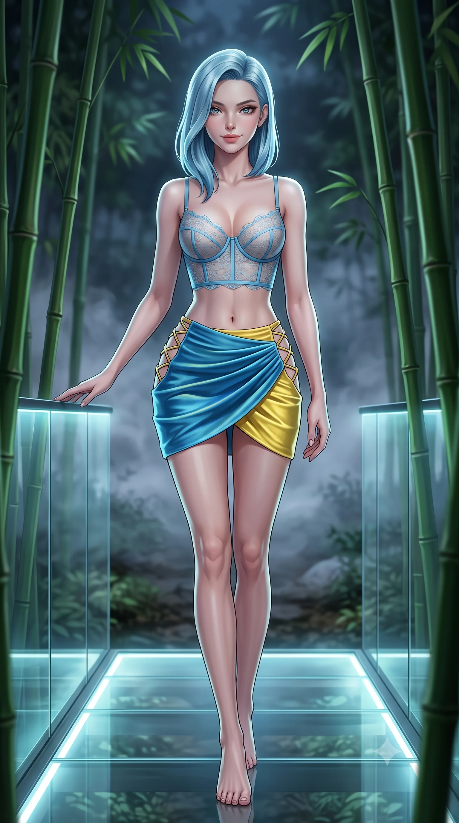 score_9, masterpiece, best quality, ultra-detailed, high-budget anime keyframe, semi-realistic 3D game render, editorial fashion photography, tasteful artistic composition, Korean woman. low angle full-body shot from head to toe showing her feet, filling the entire 9:16 vertical frame with her statuesque presence, stretching her vertical silhouette. stepping slowly toward the camera with hypnotic grace, hips swaying in an alluring sensual rhythm that accentuates her curvy hourglass silhouette and long slender legs while leaning against the illuminated glass railing with hips cocked back, looking through towering green bamboo stalks with an intoxicating bedroom-gaze. The background shows a soft-focus swirling night mist on forest floor softened in mystical Japanese garden shallow focus. She has an absolutely perfect, statuesque 8.5-heads proportion, an exceptionally tall and slender model-like female figure with impossibly long slender legs, an ultra-slim waist, a flat toned midriff, narrow delicate ribcage, and beautifully sculpted feminine hips creating a graceful, slim hourglass silhouette without any bulky heaviness. sharp v-shaped jawline, high-bridge nose, sparkling eyes with hypnotic seductive depth, thick curled eyelashes, glossy parted lips with a natural dewy peach sheen, alluring bedroom-eyes with an enchanting coquettish smile, exuding magnetic siren charisma and sophisticated glamour, flawlessly proportioned anatomical accuracy, strict slender model proportions, natural body alignment, perfectly sculpted long slender limbs, ultra-slim waistline, clean dynamic posture without body distortion. wearing a sculpted underwire demi-bustier in semi-sheer lace paired with an ultra-short draped tulip skirt in Amalfi azure blue and sunlit lemon gold, tailored from ultra-plush velvet with rich tactile depth and deep shadow gradients, featuring fine criss-cross lace-up side ties revealing tantalizing glimpses of her hip curve, the second-skin tailored fabric adhering flawlessly to her sculpted flat midriff and slender torso, emphasizing her long leg lines and perfectly proportioned willowy build. illuminated by glass walkway reflection bounce and sharp jade-platinum rim lights defining her razor-sharp jawline, narrow waist, and curvy hips. highly saturated vibrant anime colors, detailed shading with soft gradients, rich glossy textures, high-contrast stereoscopic depth, volumetric dynamic lighting, master piece, 9:16 ratio