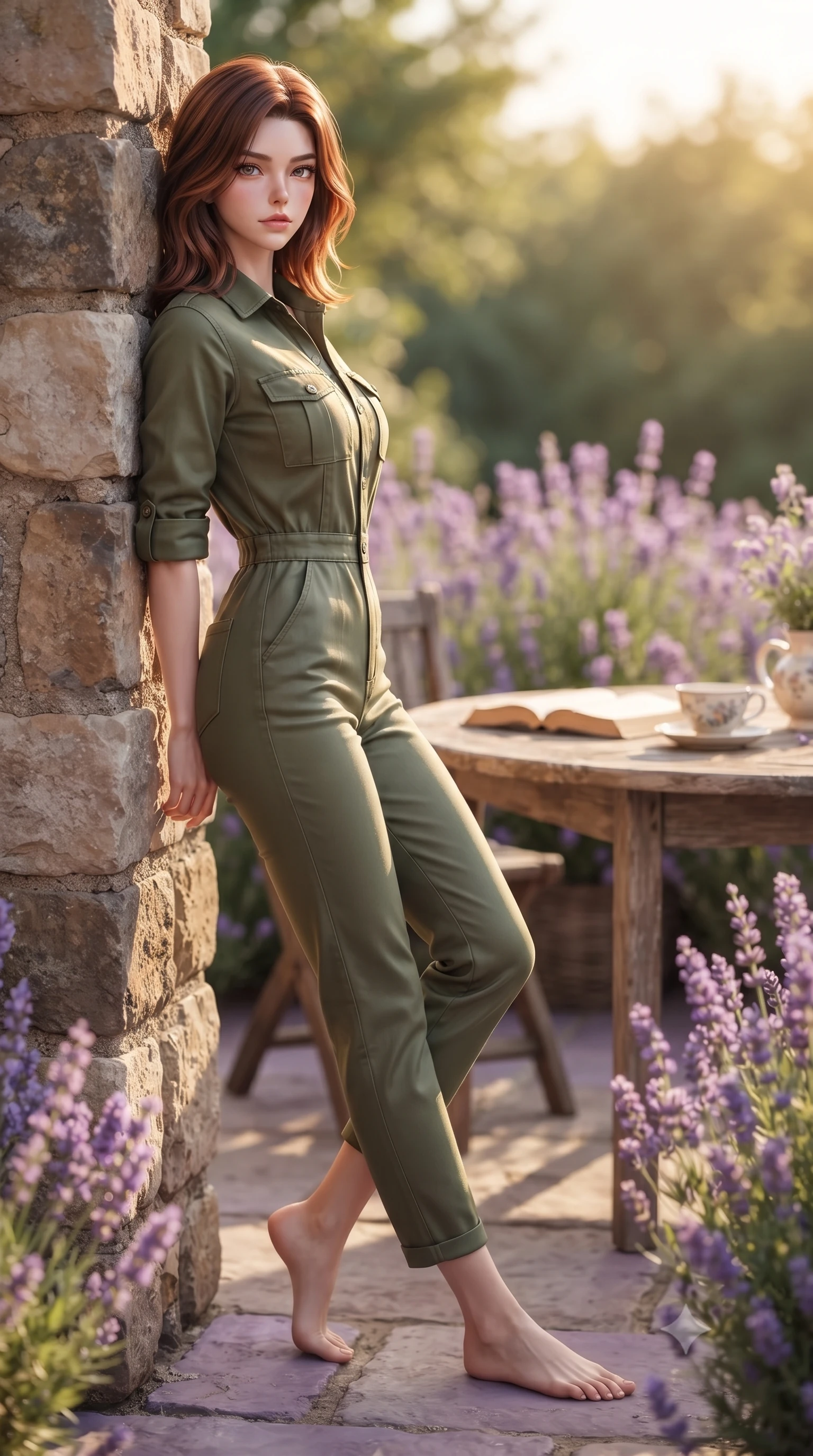 score_9, masterpiece, best quality, ultra-detailed, high-budget anime keyframe, editorial fashion photography, tasteful artistic composition, Korean woman woman. low angle full-body shot from head to toe showing her feet, filling the entire 9:16 vertical frame with her statuesque presence, stretching her vertical silhouette. leaning back against a rustic stone wall, casting a slow, alluring gaze at the camera the background shows a soft-focus a lavender-lined stone patio of a private country house, with a rustic wooden table. She has an absolutely perfect, statuesque 8.5-heads proportion, an exceptionally tall and slender model-like female figure with impossibly long slender legs and an ultra-slim waist. sharp v-shaped jawline, high-bridge nose, intricate jewel-like eyes with depth, thick eyelashes, glossy lips with a natural sheen. wearing a form-contouring comfortable olive green cotton utility jumpsuit with a structured collar and rolled-up sleeves. soft golden afternoon sunbeams, casting a peaceful country glow. ultra-reflective glossy finish, specular highlights, metallic sheen, high-contrast stereoscopic depth, volumetric dynamic lighting, 2k, ultra detail, master piece, 9:16 ratio