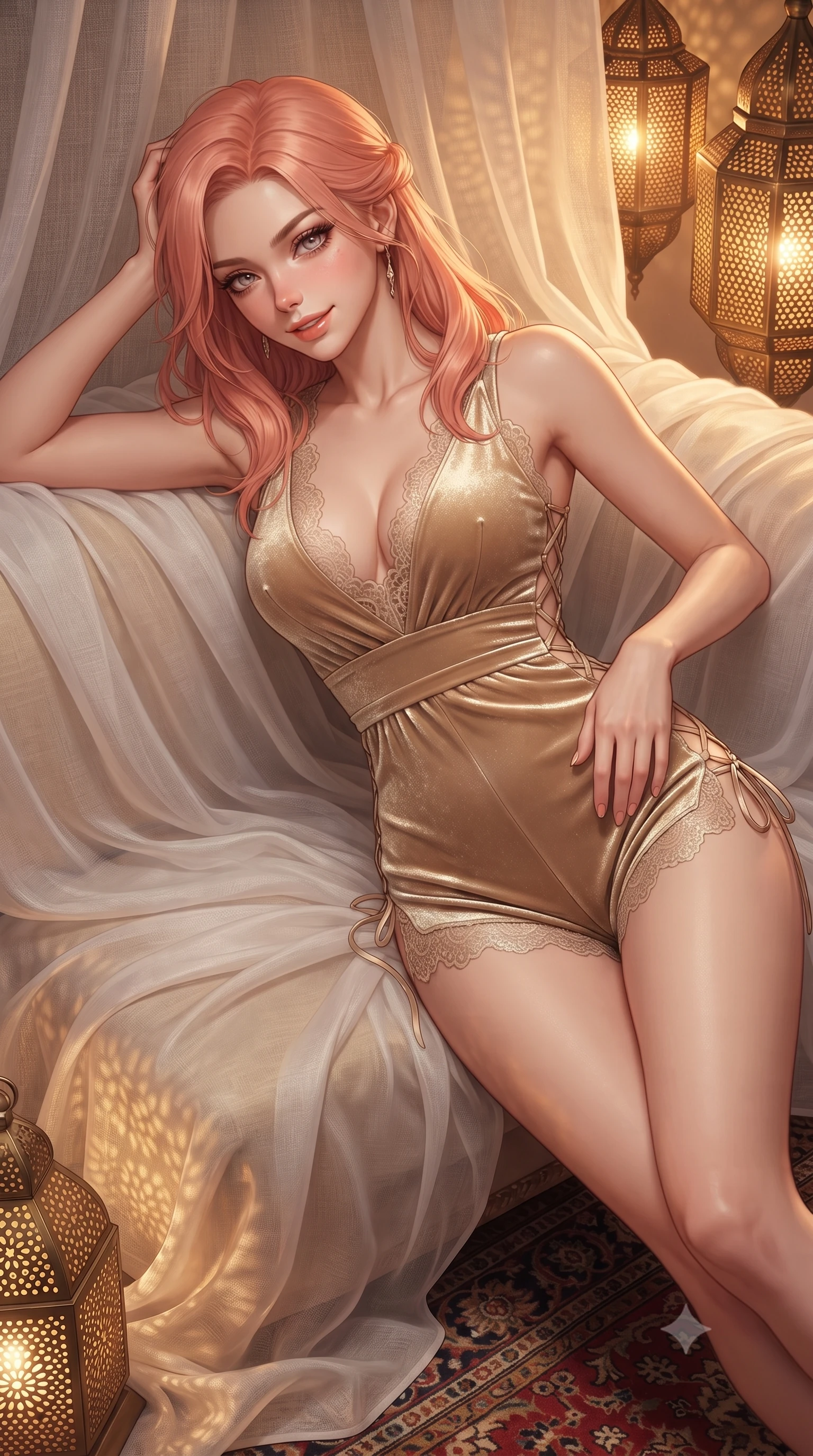 score_9, masterpiece, best quality, ultra-detailed, high-budget anime keyframe, editorial fashion photography, tasteful artistic composition, Japanese woman. close-up cowboy shot from the waist and thighs up, the character dominates the composition, filling the frame with her large presence. tilting her head with a teasing half-smile, running one hand slowly down the side of her hip in a flirtatious S-curve as ambient light caresses her silhouette while lounging across the oversized plush silk divan draped in flowing sheer white linen, arching her spine with effortless supermodel poise under the stars. The surrounding environment is rendered in vivid detail and crisp panoramic clarity: sharp open-weave texture of linen fabric, intricate Moroccan brass lamp perforated shadows, and Persian silk rug pile in deep focus. She has an exceptionally elegant, slender, and willowy female figure with an ultra-slim waist, flat toned midriff, narrow ribcage, and sculpted feminine hips creating an alluring, slim hourglass silhouette without bulk. sharp v-shaped jawline, high-bridge nose, sparkling eyes with hypnotic seductive depth, thick curled eyelashes, glossy parted lips with a natural dewy peach sheen, alluring bedroom-eyes with an enchanting coquettish smile, exuding magnetic siren charisma and sophisticated glamour, flawlessly proportioned anatomical accuracy, strict slender model proportions, natural body alignment, perfectly sculpted long slender limbs, ultra-slim waistline, clean dynamic posture without body distortion. wearing a plunge-neck stretch velvet romper with scalloped eyelash-lace hems and a cinched waist ribbon in desert gold and shimmering sand dune champagne, woven from buttery-soft stretch lambskin leather adhering to her body like a second skin, featuring fine criss-cross lace-up side ties revealing tantalizing glimpses of her hip curve, the liquid-tight tailored fabric clinging flawlessly to her narrow waist and rounded feminine hips, emphasizing every millimeter of her sculpted slim hourglass curves without any bulky heaviness. bathed in warm 2200K amber glow filtering through perforated brass lanterns creating intricate geometric shadow patterns. ultra-reflective glossy finish, specular highlights, rich textural contrasts, high-contrast stereoscopic depth, volumetric dynamic lighting, 2k, ultra detail, master piece, 9:16 ratio