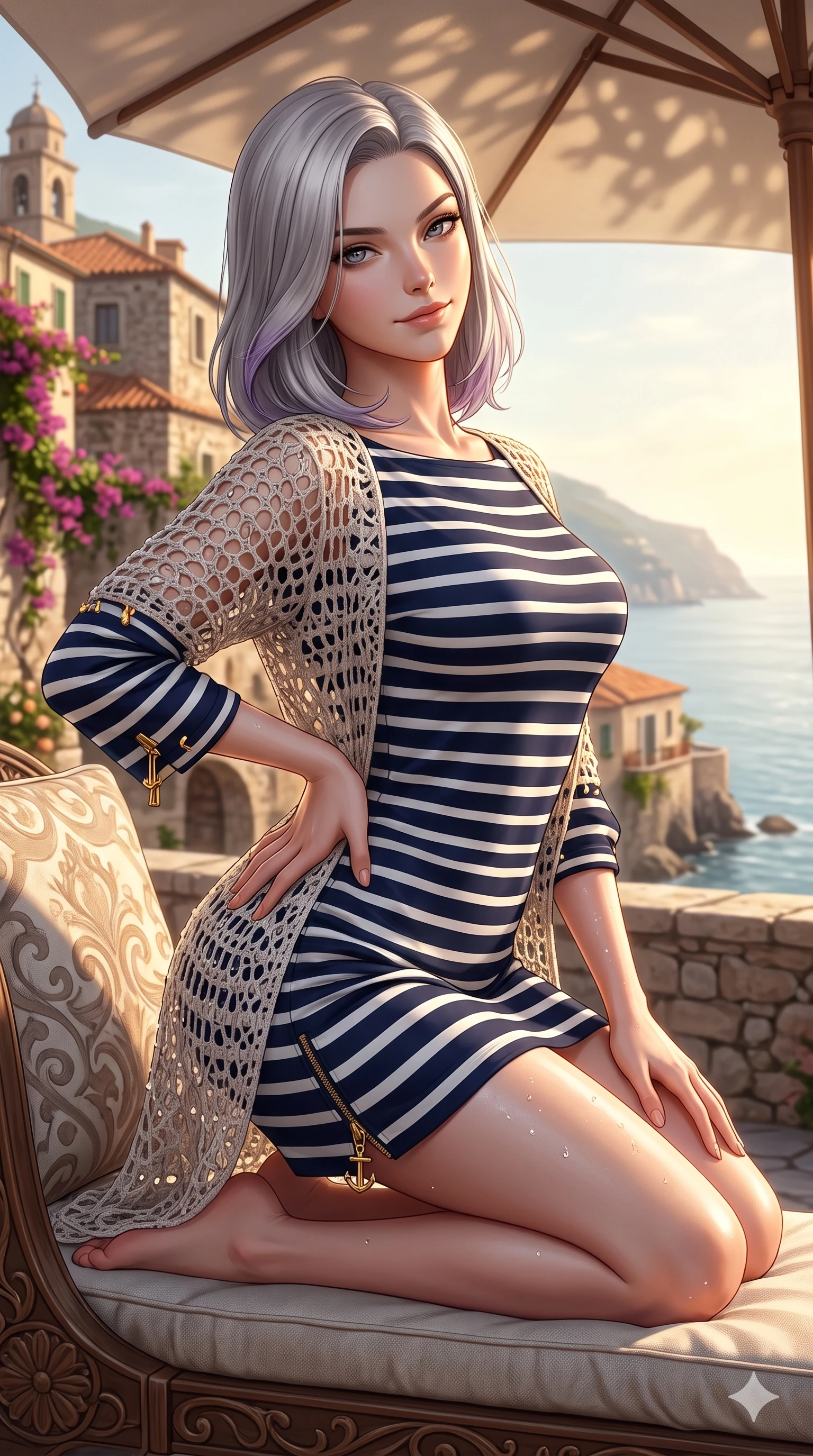 score_9, masterpiece, best quality, ultra-detailed, high-budget anime keyframe, semi-realistic 3D game render, editorial fashion photography, tasteful artistic composition, Caucasian woman. close-up cowboy shot from the waist and thighs up, the character dominates the composition, filling the frame with her large presence. arching her spine backward with effortless dancer poise, one hand sliding along her hip line as directional light carves specular highlights along her silhouette while perched sideways on the lounge seat, one knee drawn up to showcase her slender leg line while her arched back accentuates her feminine hip curve. The surrounding environment is rendered in vivid detail and crisp panoramic clarity: detailed wet-look crochet coverup weave, dewy water beads on skin, and historic Amalfi architecture in razor-sharp precision. She has an exceptionally elegant, slender, and willowy female figure with an ultra-slim waist, flat toned midriff, narrow ribcage, and sculpted feminine hips creating an alluring, slim hourglass silhouette without bulk. sharp v-shaped jawline, high-bridge nose, sparkling eyes with hypnotic seductive depth, thick curled eyelashes, glossy parted lips with a natural dewy peach sheen, alluring bedroom-eyes with an enchanting coquettish smile, exuding magnetic siren charisma and sophisticated glamour, flawlessly proportioned anatomical accuracy, strict slender model proportions, natural body alignment, perfectly sculpted long slender limbs, ultra-slim waistline, clean dynamic posture without body distortion. wearing an aristocratic navy-and-white striped boat-neck shift dress with elegant bracelet sleeves in high-contrast coastal monochrome with gold hardware, tailored from heavy double-faced silk georgette with an exceptionally fluid drape, finished with sleek heavy-duty brass anchor zip pulls and nautical hardware, the impeccably tailored cut draping gracefully along her slender figure with aristocratic resort poise. illuminated by parasol shadow gradients and sharp golden-peach rim lights defining her razor-sharp jawline, narrow waist, and curvy hips. highly saturated vibrant anime colors, detailed shading with soft gradients, rich glossy textures, high-contrast stereoscopic depth, volumetric dynamic lighting, master piece, 9:16 ratio