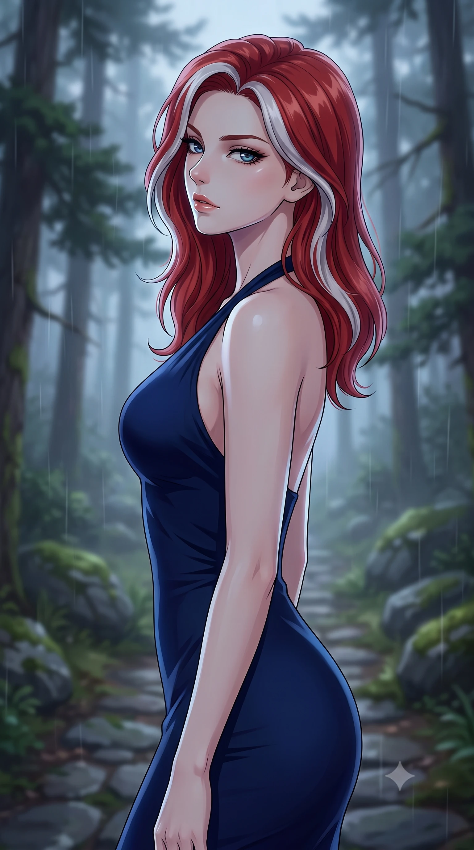 score_9, masterpiece, best quality, ultra-detailed, high-budget anime keyframe, tasteful artistic composition, Caucasian woman. close-up cowboy shot from the waist and thighs up, the character dominates the composition, filling the frame with her large presence, background elements kept in soft focus. turning her face in sharp profile, casting a cold, mysterious, yet intensely alluring side gaze, the background shows a soft-focus a secluded stone path in an old pine forest under a heavy fog and gentle rain. She has an exceptionally elegant, slender, and willowy female figure with an ultra-slim waist, a gracefully sculpted slender torso, and a refined silhouette. sharp v-shaped jawline, high-bridge nose, intricate jewel-like eyes with depth, thick eyelashes, glossy lips with a natural sheen. wearing a tailored form-fitting halter dress in deep navy blue, contouring her athletic, slender build. soft diffused twilight light tracing her jawline with a cold silver rim light. highly saturated vibrant anime colors, cel-shading, 2d style, master piece, 9:16 ratio