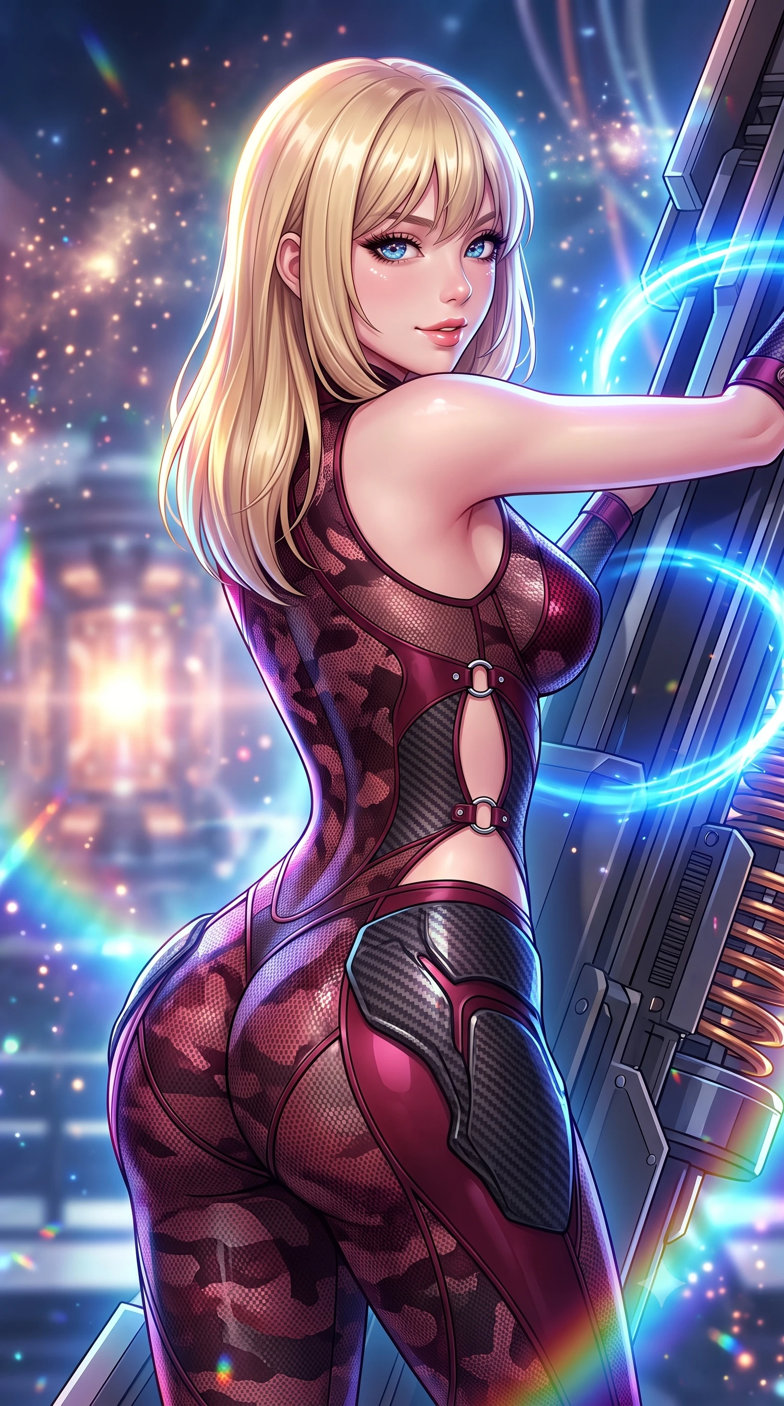 score_9, masterpiece, best quality, ultra-detailed, high-budget anime keyframe, semi-realistic 3D game render, editorial fashion photography, tasteful artistic composition, Japanese woman. close-up cowboy shot from the waist and thighs up, the character dominates the composition, filling the frame with her large presence. posing in an alluring rear three-quarter angle, turning over a bare shoulder with an intoxicating gaze, her hips cocked back to highlight her slim hourglass curve against the glowing reactor while leaning against the massive magnetic acceleration rail with hips cocked back, looking over a bare shoulder with an intoxicating, fearless smile. The background shows a soft-focus floating particle clouds and charging energy coils softened in mind-bending cosmic launchpad shallow focus. She has an exceptionally elegant, slender, and willowy female figure with an ultra-slim waist, flat toned midriff, narrow ribcage, and sculpted feminine hips creating an alluring, slim hourglass silhouette without bulk. sharp v-shaped jawline, high-bridge nose, intricate jewel-like sparkling eyes with depth, thick eyelashes, glossy parted lips with a natural sheen, bright confident smile with an enchanting and coquettish sensual glint, exuding both youthful magnetic charm and sovereign high-tech allure, flawlessly proportioned anatomical accuracy, strict slender model proportions, natural body alignment, perfectly sculpted long slender limbs, ultra-slim waistline, clean dynamic posture without body distortion. wearing a second-skin cybernetic stealth suit with active-camo optical mesh and sculpted carbon hip guards in deep wine crimson and dark carbon weave, crafted from sheer technical cyber-lace reinforced with ultra-thin Kevlar threads, finished with sharp laser-cut side ventilation slits framed by silver hardware rings, the liquid-tight tailored fabric clinging flawlessly to her narrow waist and rounded feminine hips, emphasizing every millimeter of her sculpted slim hourglass curves without any bulky heaviness. bathed in radiant chromatic prism light and intense electric blue warp ring flashes. highly saturated vibrant anime colors, detailed shading with soft gradients, rich glossy textures, high-contrast stereoscopic depth, volumetric dynamic lighting, master piece, 9:16 ratio