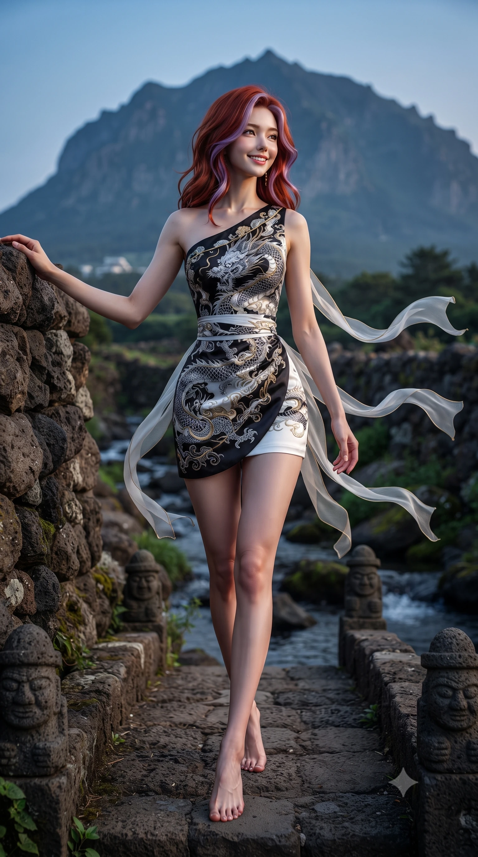 score_9, masterpiece, best quality, ultra-detailed, high-budget anime keyframe, editorial fashion photography, tasteful artistic composition, Caucasian woman. low angle full-body shot from head to toe showing her feet, filling the entire 9:16 vertical frame with her statuesque presence, stretching her vertical silhouette. stepping forward gracefully across the stone bridge in mid-motion with a radiant beaming smile, hips swaying in an alluring kinetic rhythm that accentuates her curvy hourglass silhouette and long slender legs while leaning against a rustic basalt rock wall with hips cocked back, casting an alluring bedroom-gaze toward the distant Hallasan mountain peak. The surrounding environment is rendered in vivid detail and crisp panoramic clarity: detailed linen-silk fabric weave, ocean breeze in hair, and traditional Jeju stonecraft in high resolution. She has an absolutely perfect, statuesque 8.5-heads proportion, an exceptionally tall and slender model-like female figure with impossibly long slender legs, an ultra-slim waist, a flat toned midriff, narrow delicate ribcage, and beautifully sculpted feminine hips creating a graceful, slim hourglass silhouette without any bulky heaviness. sharp v-shaped jawline, high-bridge nose, intricate jewel-like dark sparkling almond eyes with depth, thick lashes, glossy parted lips with a natural rose-plum sheen, bright alluring and coquettish smile with bedroom-eyes, exuding both timeless oriental elegance and sovereign high-fashion allure, flawlessly proportioned anatomical accuracy, strict slender model proportions, natural body alignment, perfectly sculpted long slender limbs, ultra-slim waistline, clean dynamic posture without body distortion. wearing an asymmetric one-shoulder dragon-embroidered silk mini dress hugging her narrow waist and rounded feminine hips in stark monochrome black and white ink contrast, woven from metallic gold and silver thread casting subtle starlight glints, accented with flowing gossamer silk ribbons that flutter dynamically in the evening breeze, the high-waisted wrap tailoring accentuating her ultra-slim waistline and the enchanting curve of her feminine hips with alluring oriental charm. illuminated by black stone bounce and sharp amber rim lights defining her sculpted collarbones, ultra-slim waist, and curvy hips. ultra-reflective glossy finish, specular highlights, rich textural contrasts, high-contrast stereoscopic depth, volumetric dynamic lighting, 2k, ultra detail, master piece, 9:16 ratio