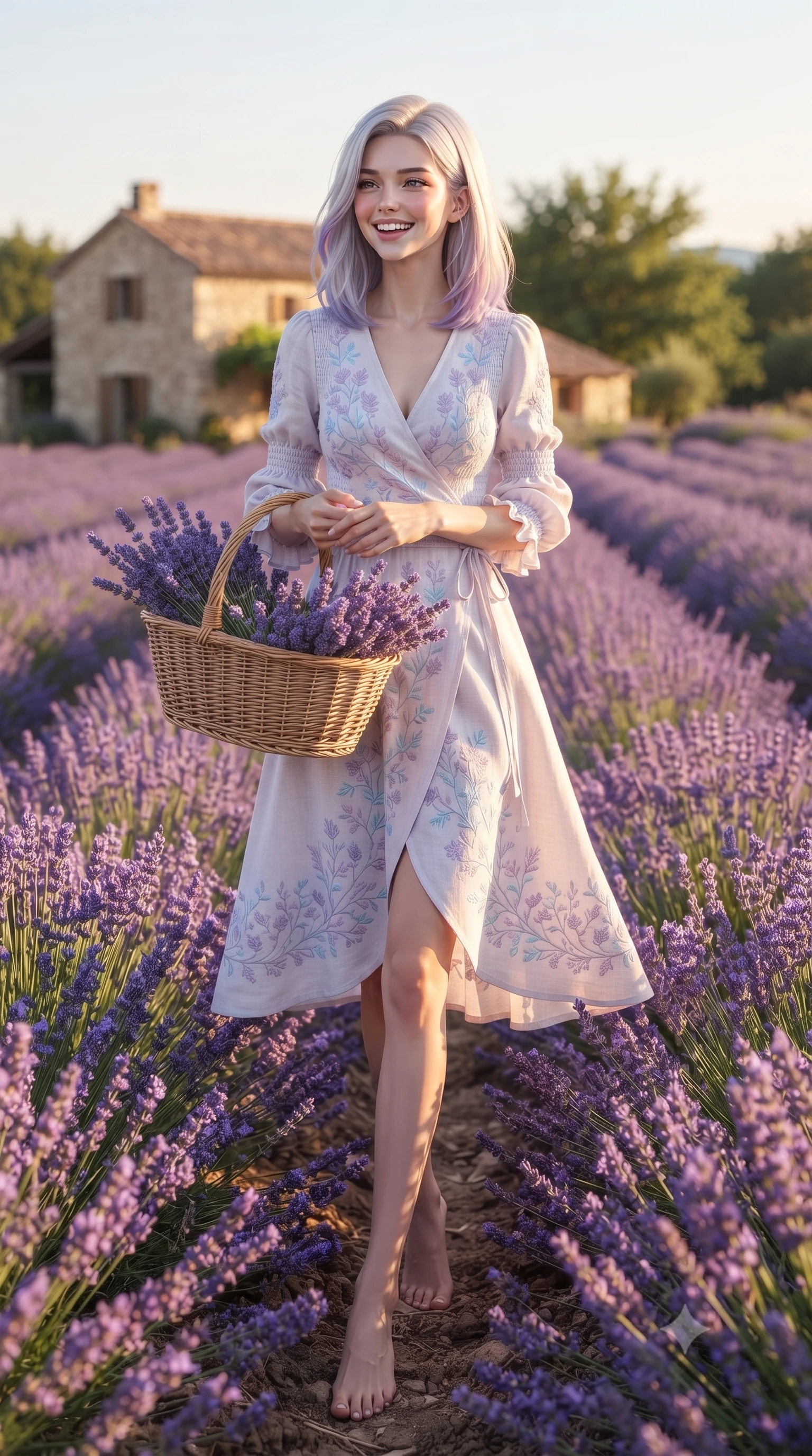 score_9, masterpiece, best quality, ultra-detailed, high-budget anime keyframe, editorial fashion photography, tasteful artistic composition, Caucasian woman. low angle full-body shot from head to toe showing her feet, filling the entire 9:16 vertical frame with her statuesque presence, stretching her vertical silhouette. stepping forward gracefully in mid-motion with a delighted cute laugh, displaying her tall slender model proportions while holding a woven wicker basket filled with fresh fragrant lavender blossoms with a radiant, lovely smile. The surrounding environment is rendered in vivid detail and crisp panoramic clarity. intricate purple lavender blossom stems, rustic stone cottage masonry, and terracotta roof tiles in deep focus. She has an absolutely perfect, statuesque 8.5-heads proportion, an exceptionally tall and slender model-like female figure with impossibly long slender legs, a toned flat midriff, and an ultra-slim waist. sharp v-shaped jawline, high-bridge nose, intricate jewel-like eyes with depth, thick eyelashes, glossy lips with a natural sheen, pure and lovely fresh girlhood expression, flawlessly proportioned anatomical accuracy, strict slender model proportions, natural body alignment, perfectly sculpted long slender limbs, ultra-slim waistline, clean dynamic posture without body distortion. wearing a romantic wrap-style linen sundress with subtle botanical embroidery and a dainty waist tie in soft pastel lavender and delicate sky blue, knitted from ultra-soft cozy baby-cashmere yarn, accented with soft smocked elastic details and ruffled cuff trims, the tailored casual silhouette highlighting her fresh and youthful presence and perfectly proportioned slender frame. bathed in warm golden hour sunlight casting long romantic shadows across the purple lavender rows. ultra-reflective glossy finish, specular highlights, rich natural textures, high-contrast stereoscopic depth, volumetric dynamic lighting, 2k, ultra detail, master piece, 9:16 ratio