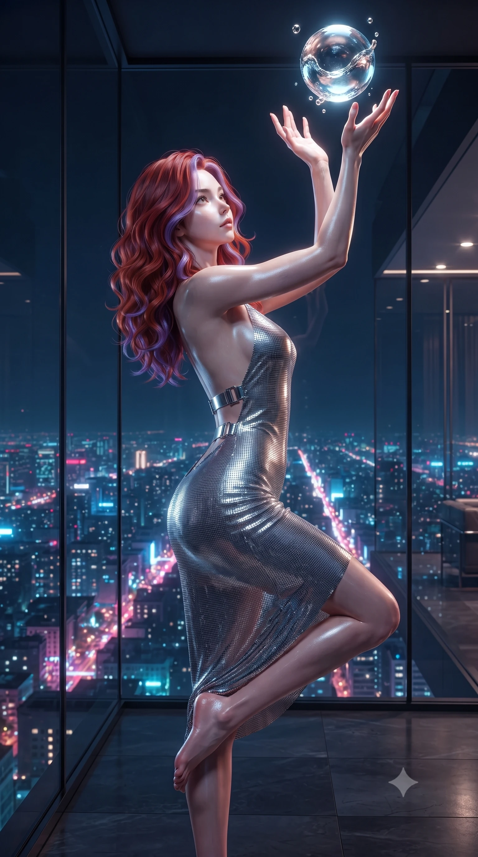 score_9, masterpiece, best quality, ultra-detailed, High-budget Anime Keyframe, editorial fashion photography, tasteful artistic composition, realistic cosplay photography, Caucasian woman, strictly human ears. Dynamic full-body shot stretching the vertical silhouette to the limit. Scenario 471: reaching out to catch a floating sphere of liquid light in a luxury penthouse with floor-to-ceiling glass walls overlooking a neon grid. Her presence is magnetic and overpowering in this high-budget cinematic scene. Outfit 471: a form-contouring liquid silver micro-mesh lace slip dress with a dramatic backless design and metallic buckles. The clothing is designed to emphasize her exceptionally tall and slender 8-heads proportion. 8-heads proportion, towering silhouette, ultra-slim waist. sharp v-shaped jawline, intricate jewel-like eyes with depth, thick eyelashes, glossy lips. ultra-reflective glossy finish, specular highlights, metallic sheen, high-contrast stereoscopic depth, volumetric dynamic lighting, 2k, ultra detail, master piece, 9:16 ratio