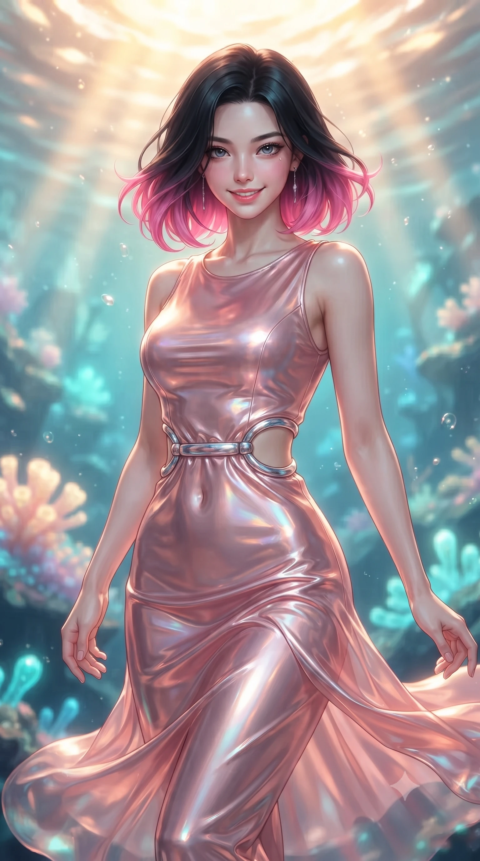 score_9, masterpiece, best quality, ultra-detailed, high-budget anime keyframe, editorial fashion photography, tasteful artistic composition, Korean woman. close-up cowboy shot from the waist and thighs up, the character dominates the composition, filling the frame with her large presence, background elements kept in soft focus. Smiling with quiet, magnetic self-assurance directly into the camera, floating through a sun-drenched underwater sanctuary filled with glowing opal coral, gentle water currents swaying her attire in fluid underwater motions. She has an exceptionally elegant, slender, and willowy female figure with an ultra-slim waist, a gracefully sculpted slender torso, and a refined silhouette. sharp v-shaped jawline, high-bridge nose, intricate jewel-like eyes with depth, thick eyelashes, glossy lips with a natural sheen. wearing second-skin iridescent hologram organza bodycon maxi dress in rose-gold pink, made of liquid mercury jersey, accented with sculpted opal chrome rings at the waist, accentuating her gracefully sculpted slender torso. illuminated by luminous aqua bioluminescence and warm golden top rays. ultra-reflective glossy finish, specular highlights, metallic sheen, high-contrast stereoscopic depth, volumetric dynamic lighting, 2k, ultra detail, master piece, 9:16 ratio