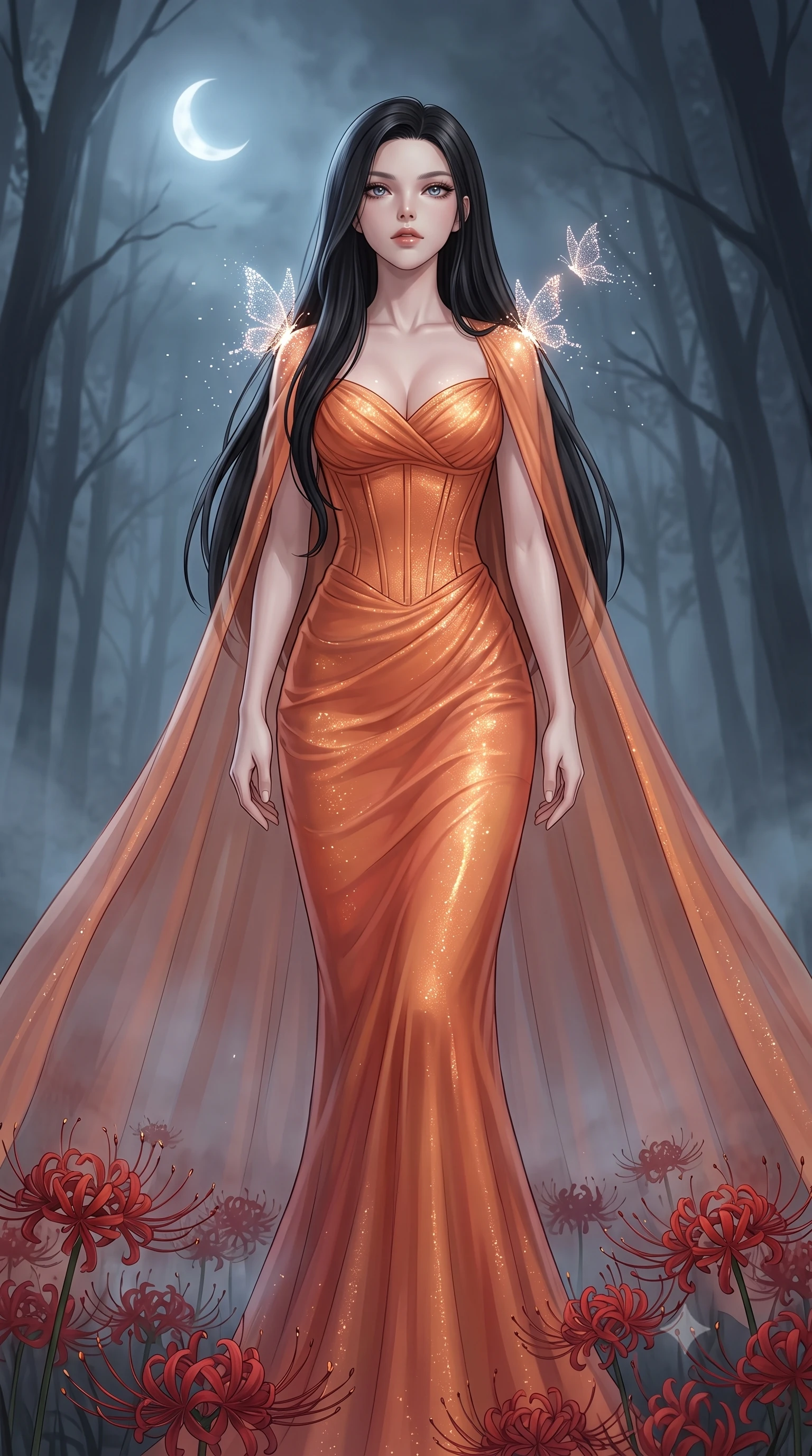 score_9, masterpiece, best quality, ultra-detailed, High-budget Anime Keyframe, East Asian woman. Low angle cowboy shot filling the entire 9:16 frame with her statuesque presence. Scenario 546: watching digital butterflies land on her shoulders in a misty dark forest under a crescent moon with red spider lilies blooming. Her presence is magnetic and overpowering in this high-budget anime scene. Outfit 546: a body-hugging sunset orange shimmering chiffon corset dress draped with a semi-transparent chiffon cape. The clothing is designed to emphasize her exceptionally tall and slender 8-heads proportion. 8-heads proportion, towering silhouette, ultra-slim waist. sharp v-shaped jawline, intricate jewel-like eyes with depth, thick eyelashes, glossy lips. 2k, ultra detail, master piece, 9:16 ratio