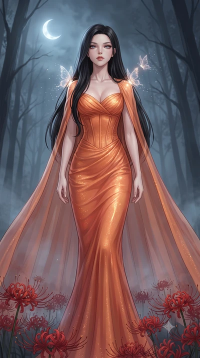score_9, masterpiece, best quality, ultra-detailed, High-budget Anime Keyframe, East Asian woman. Low angle cowboy shot filling the entire 9:16 frame with her statuesque presence. Scenario 546: watching digital butterflies land on her shoulders in a 