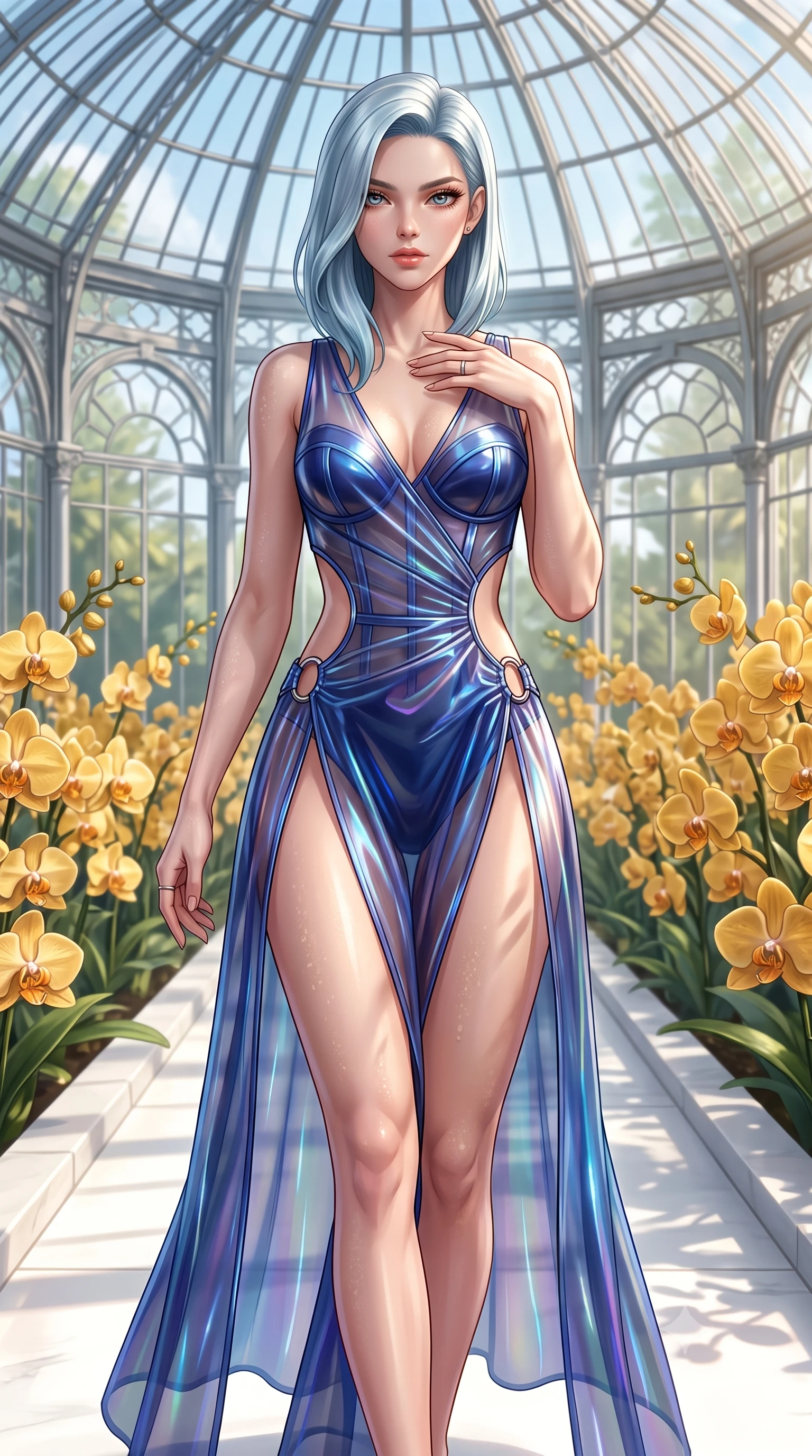 score_9, masterpiece, best quality, ultra-detailed, high-budget anime keyframe, semi-realistic 3D game render, editorial fashion photography, tasteful artistic composition, Korean woman. close-up cowboy shot from the waist and thighs up, the character dominates the composition, filling the frame with her large presence. leaning forward with a dangerous, enticing smolder, resting one hand near her collarbone while casting a fiery, magnetic direct gaze while walking gracefully along a sunlit white stone aisle in a grand crystal conservatory surrounded by golden orchids. The surrounding environment is rendered in vivid detail and crisp panoramic clarity. intricate crystal glasshouse dome architecture, dewdrop details on Monstera leaves, and golden orchid petals in deep focus. She has an exceptionally elegant, slender, and willowy female figure with an ultra-slim waist, a gracefully sculpted slender torso, toned flat midriff, and a refined slim silhouette. sharp v-shaped jawline, high-bridge nose, intricate jewel-like eyes with depth, thick eyelashes, glossy lips with a natural sheen, flawlessly proportioned anatomical accuracy, strict slender model proportions, natural body alignment, perfectly sculpted long slender limbs, ultra-slim waistline, clean dynamic posture without body distortion. wearing a translucent iridescent organza wrap dress with structured bustier boning, plunging neckline, and high-cut dual leg slits in deep royal navy blue and specular chrome, tailored from semi-translucent cybernetic vinyl with glowing micro-filaments, detailed with polished silver rings connecting the daring side-waist cutouts, the liquid-tight tailored fabric emphasizing every curve of her tall, slender model proportions and sculptured silhouette during dynamic movement. illuminated by fresh botanical ambient radiance with organic leaf-shadow stencils on her skin. highly saturated vibrant anime colors, detailed shading with soft gradients, rich glossy textures, high-contrast stereoscopic depth, volumetric dynamic lighting, master piece, 9:16 ratio