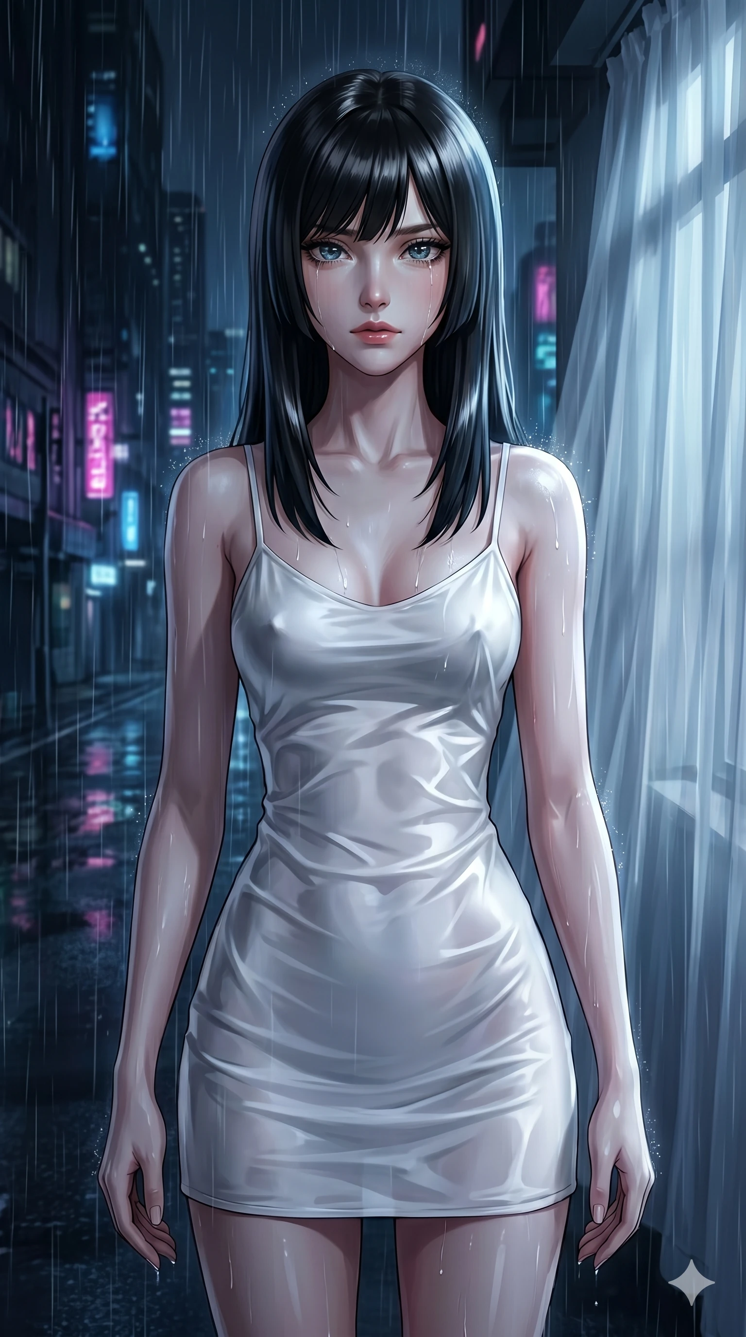 score_9, masterpiece, best quality, ultra-detailed, high-budget anime keyframe, editorial fashion photography, tasteful artistic composition, Caucasian woman, strictly human ears. cowboy shot from the thighs up, character and outfit filling the frame for maximum editorial presence. gazing past the camera with tear-rimmed jewel-like eyes, her expression filled with quiet, profound sorrow standing under pouring digital rain in a dark, empty street of a neo-city (Scenario Code S-41). She has an absolutely perfect 8-heads proportion, an exceptionally tall and slender female figure with impossibly long slender legs and an ultra-slim waist. V-shaped jawline, high-bridge nose, intricate jewel-like eyes with depth, thick eyelashes, glossy lips with a natural sheen. wearing a wet-look white silk slip dress that clings to her form, showing her elegant shoulder lines. bathed in cold moonlight filtering through translucent curtains, creating soft shadows. 2k, ultra detail, master piece, 9:16 ratio