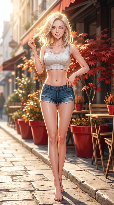score_9, masterpiece, best quality, ultra-detailed, high-budget anime keyframe, vibrant anime aesthetic, Caucasian woman, strictly human ears. low angle full-body shot from head to toe showing her feet, filling the entire 9:16 vertical frame with her