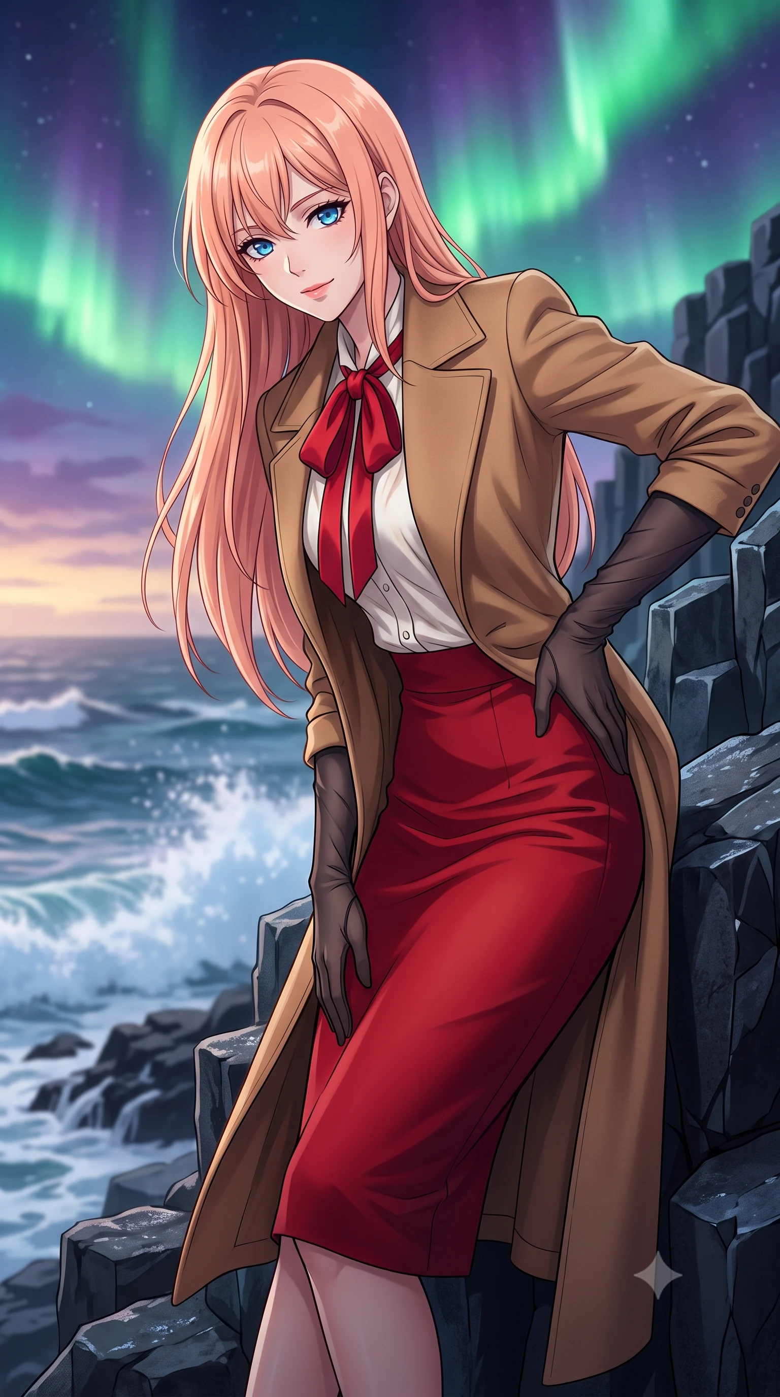 score_9, masterpiece, best quality, ultra-detailed, high-budget anime keyframe, editorial fashion photography, tasteful artistic composition, Japanese woman. close-up cowboy shot from the waist and thighs up, the character dominates the composition, filling the frame with her large presence. leaning forward while arching her lower back to accentuate her curvy hips, looking into the camera with an intoxicating smoldering gaze and bedroom-eyes while leaning against the smooth geometric basalt rock pillar with hips cocked back, looking out at crashing North Atlantic whitecaps with smoldering bedroom-eyes. The background shows a soft-focus distant ocean sea spray softened in wild Arctic coastline shallow focus. She has an exceptionally elegant, slender, and willowy female figure with an ultra-slim waist, flat toned midriff, narrow ribcage, and sculpted feminine hips creating an alluring, slim hourglass silhouette without bulk. sharp v-shaped jawline, high-bridge nose, intricate jewel-like sparkling eyes with depth, thick eyelashes, glossy parted lips with a natural peach sheen, bright cheerful beaming smile with an enchanting and coquettish sensual glint, exuding both youthful cute charm and seductive allure, flawlessly proportioned anatomical accuracy, strict slender model proportions, natural body alignment, perfectly sculpted long slender limbs, ultra-slim waistline, clean dynamic posture without body distortion. wearing a tailored double-faced camel cashmere wrap coat draped over a silk georgette bow-tie blouse and pencil skirt in Cordoba vermilion red and ivory alabaster marble, crafted from bespoke double-faced cashmere with an exceptionally soft tactile finish, complemented by sheer opera-length evening gloves tracing her slender arms, the impeccably tailored cut draping gracefully along her slender figure with aristocratic poise. bathed in the ethereal 5200K phosphorescent green-and-violet illumination of active aurora borealis curtains mixed with twilight glow. ultra-reflective glossy finish, specular highlights, rich textural contrasts, high-contrast stereoscopic depth, volumetric dynamic lighting, 2k, ultra detail, master piece, 9:16 ratio