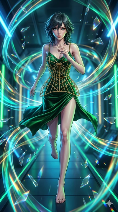 score_9, masterpiece, best quality, ultra-detailed, high-budget anime keyframe, editorial fashion photography, tasteful artistic composition, Caucasian woman, strictly human ears. low angle full-body shot from head to toe showing her feet, filling th