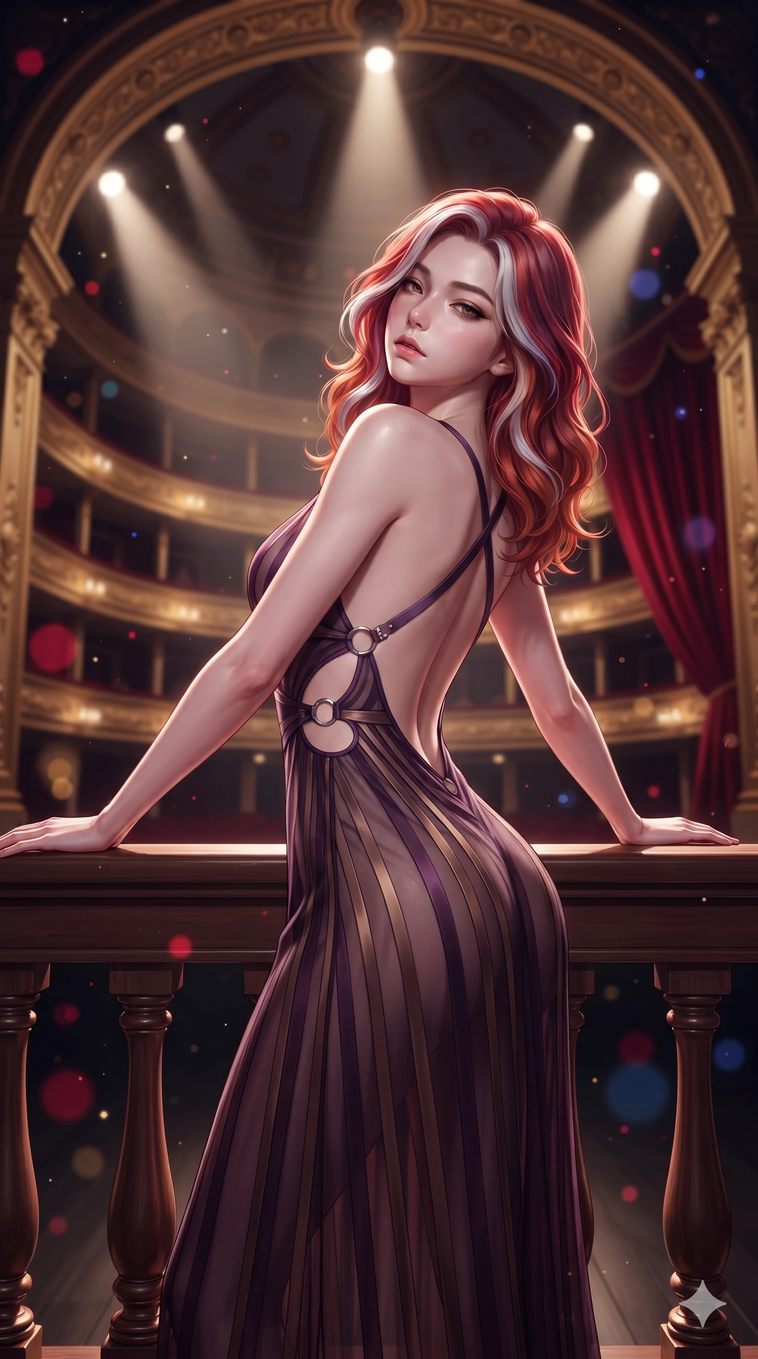 score_9, masterpiece, best quality, ultra-detailed, high-budget anime keyframe, semi-realistic 3D game render, editorial fashion photography, tasteful artistic composition, Caucasian woman. close-up cowboy shot from the waist and thighs up, the character dominates the composition, filling the frame with her large presence. leaning back against the balustrade with relaxed seductive grace, head tilted back slightly while casting a hypnotic, heavy-lidded gaze while standing poised at the center of the dark lacquered stage beneath monumental gilded proscenium arches, arching her back with sovereign diva charisma as theatrical spotlights converge. The composition keeps background elements in soft focus with creamy bokeh: tiered gilded opera tiers rising into the shadowed dome, monumental crimson velvet curtains, and floating stage dust motes blurred into ruby, gold, and indigo bokeh. She has an exceptionally elegant, slender, and willowy female figure with an ultra-slim waist, flat toned midriff, narrow ribcage, and sculpted feminine hips creating an alluring, slim hourglass silhouette without bulk. sharp v-shaped jawline, high-bridge nose, intricate jewel-like eyes with depth, thick eyelashes, glossy parted lips with a natural sheen, intensely captivating and seductive bedroom-eyes expression, flawlessly proportioned anatomical accuracy, strict slender model proportions, natural body alignment, perfectly sculpted long slender limbs, ultra-slim waistline, clean dynamic posture without body distortion. wearing a plunge-front sheer illusion tulle slip dress with liquid platinum ribbon stripes hugging her curves in deep plum violet and antique bronze, adorned with delicate chrome ring hardware and cutouts along her slender waist, finished with criss-cross back satin straps highlighting her graceful shoulder blades, the dramatically scooped open back descending to the base of her spine, accentuating her razor-sharp statuesque lines and slim hourglass silhouette. illuminated by crisp directional theatrical spotlights sharply defining her sculpted collarbones, ultra-slim waist, and curvy hips. highly saturated vibrant anime colors, detailed shading with soft gradients, rich glossy textures, high-contrast stereoscopic depth, volumetric dynamic lighting, master piece, 9:16 ratio