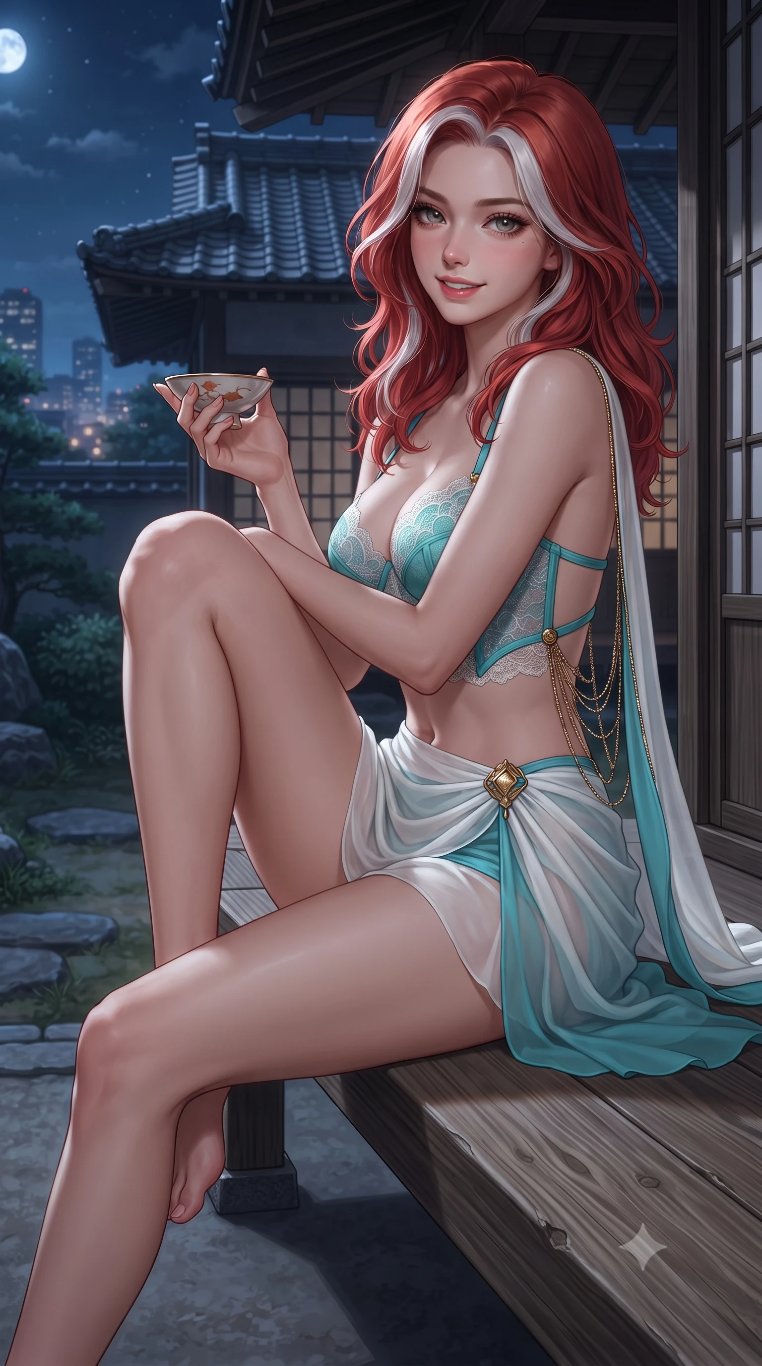 score_9, masterpiece, best quality, ultra-detailed, high-budget anime keyframe, editorial fashion photography, tasteful artistic composition, Caucasian woman. close-up cowboy shot from the waist and thighs up, the character dominates the composition, filling the frame with her large presence. perched sideways on the lounge seat, one knee drawn up to showcase her slender leg line while her arched back accentuates her feminine hip curve while sitting perched on the engawa bench with one knee drawn up, holding a lacquered sake cup with an enchanting, parted-lip smile. The surrounding environment is rendered in vivid detail and crisp panoramic clarity: sharp natural cedar wood grain, antique ceramic roof tiles, and delicate sake cup lacquer glaze in deep focus. She has an exceptionally elegant, slender, and willowy female figure with an ultra-slim waist, flat toned midriff, narrow ribcage, and sculpted feminine hips creating an alluring, slim hourglass silhouette without bulk. sharp v-shaped jawline, high-bridge nose, sparkling eyes with hypnotic seductive depth, thick curled eyelashes, glossy parted lips with a natural dewy peach sheen, alluring bedroom-eyes with an enchanting coquettish smile, exuding magnetic siren charisma and sophisticated glamour, flawlessly proportioned anatomical accuracy, strict slender model proportions, natural body alignment, perfectly sculpted long slender limbs, ultra-slim waistline, clean dynamic posture without body distortion. wearing a delicate French lace underwire bustier paired with a draped sheer chiffon wrap mini skirt and gold hip brooch in Capri turquoise and pure pearl white, tailored from fine structural neoprene with crisp architectural edges and smooth contouring, accented with an open-back drape framed by falling strands of delicate gold chains, the second-skin tailored fabric adhering flawlessly to her sculpted flat midriff and slender torso, emphasizing her long leg lines and perfectly proportioned willowy build. bathed in soft low-voltage floor wash lighting combined with distant city glow and silver full moonlight. ultra-reflective glossy finish, specular highlights, rich textural contrasts, high-contrast stereoscopic depth, volumetric dynamic lighting, 2k, ultra detail, master piece, 9:16 ratio