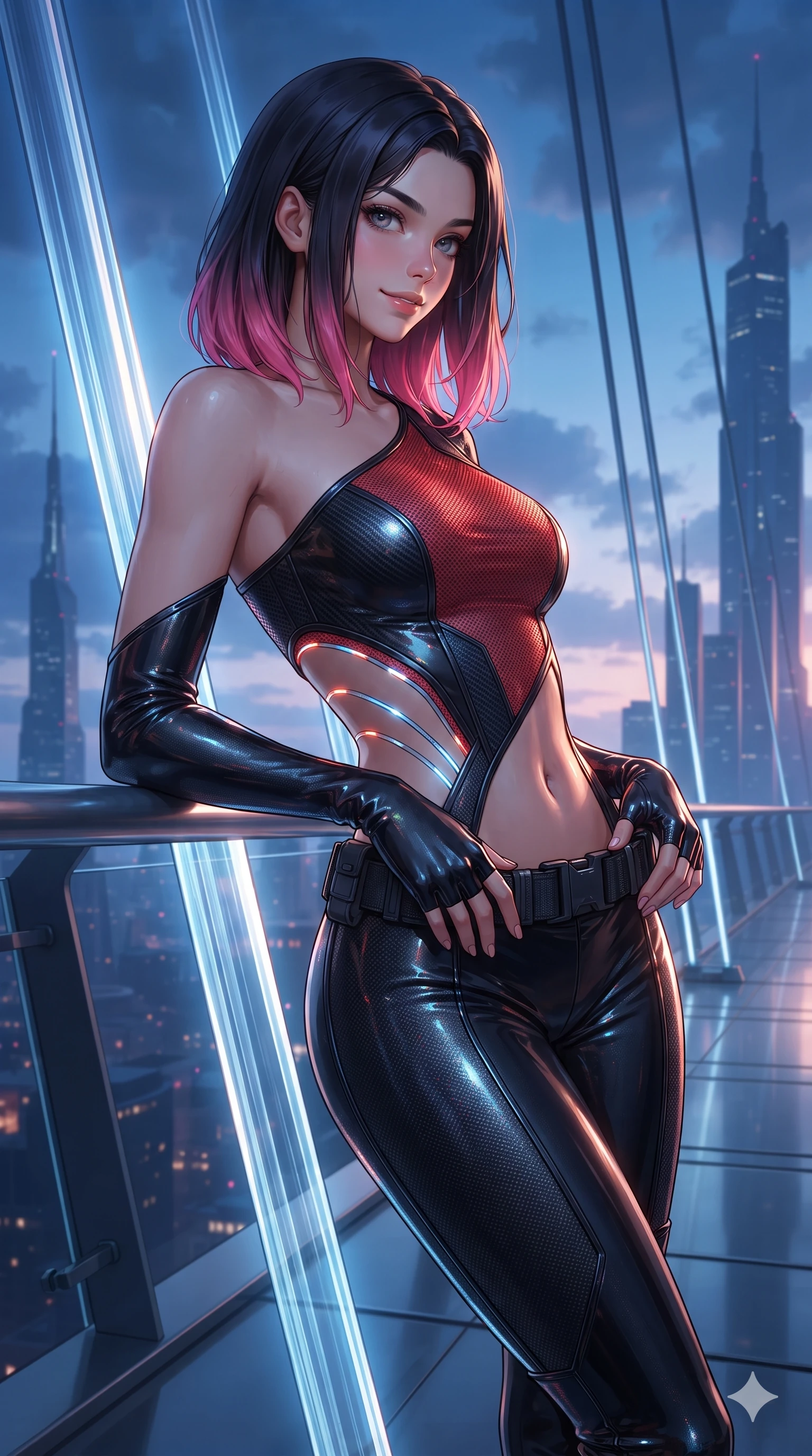 score_9, masterpiece, best quality, ultra-detailed, high-budget anime keyframe, editorial fashion photography, tasteful artistic composition, Korean woman. close-up cowboy shot from the waist and thighs up, the character dominates the composition, filling the frame with her large presence. resting both hands lightly on her tactical utility belt, arching her spine to highlight her narrow waist, flat midriff, and breathtaking collarbones while leaning against the glowing skybridge structural cables with hips cocked back, gazing through the twilight clouds with intoxicating bedroom-eyes. The surrounding environment is rendered in vivid detail and crisp panoramic clarity: sharp glass skybridge floor joint seams, high-tension carbon suspension cables, and crisp distant skyscraper spires in deep focus. She has an exceptionally elegant, slender, and willowy female figure with an ultra-slim waist, flat toned midriff, narrow ribcage, and sculpted feminine hips creating an alluring, slim hourglass silhouette without bulk. sharp v-shaped jawline, high-bridge nose, intricate jewel-like sparkling eyes with depth, thick eyelashes, glossy parted lips with a natural sheen, bright confident smile with an enchanting and coquettish sensual glint, exuding both youthful magnetic charm and sovereign high-tech allure, flawlessly proportioned anatomical accuracy, strict slender model proportions, natural body alignment, perfectly sculpted long slender limbs, ultra-slim waistline, clean dynamic posture without body distortion. wearing an asymmetric one-shoulder combat catsuit with carbon-weave paneling and an open-waist architecture emphasizing her hips in midnight black lacquer and vibrant scarlet neon, crafted from stretch micro-mesh with liquid foil coating that shimmers with every movement, accented with illuminated micro-fiber optic circuit threads tracing along her ribs and spine, the glove-like clinging cut tightly following the natural contour of her hips and long slender legs with youthful 8.5-heads elegance. illuminated by glass floor bounce and sharp azure-gold rim lights defining her razor-sharp jawline, narrow waist, and curvy hips. ultra-reflective glossy finish, specular highlights, rich textural contrasts, high-contrast stereoscopic depth, volumetric dynamic lighting, 2k, ultra detail, master piece, 9:16 ratio
