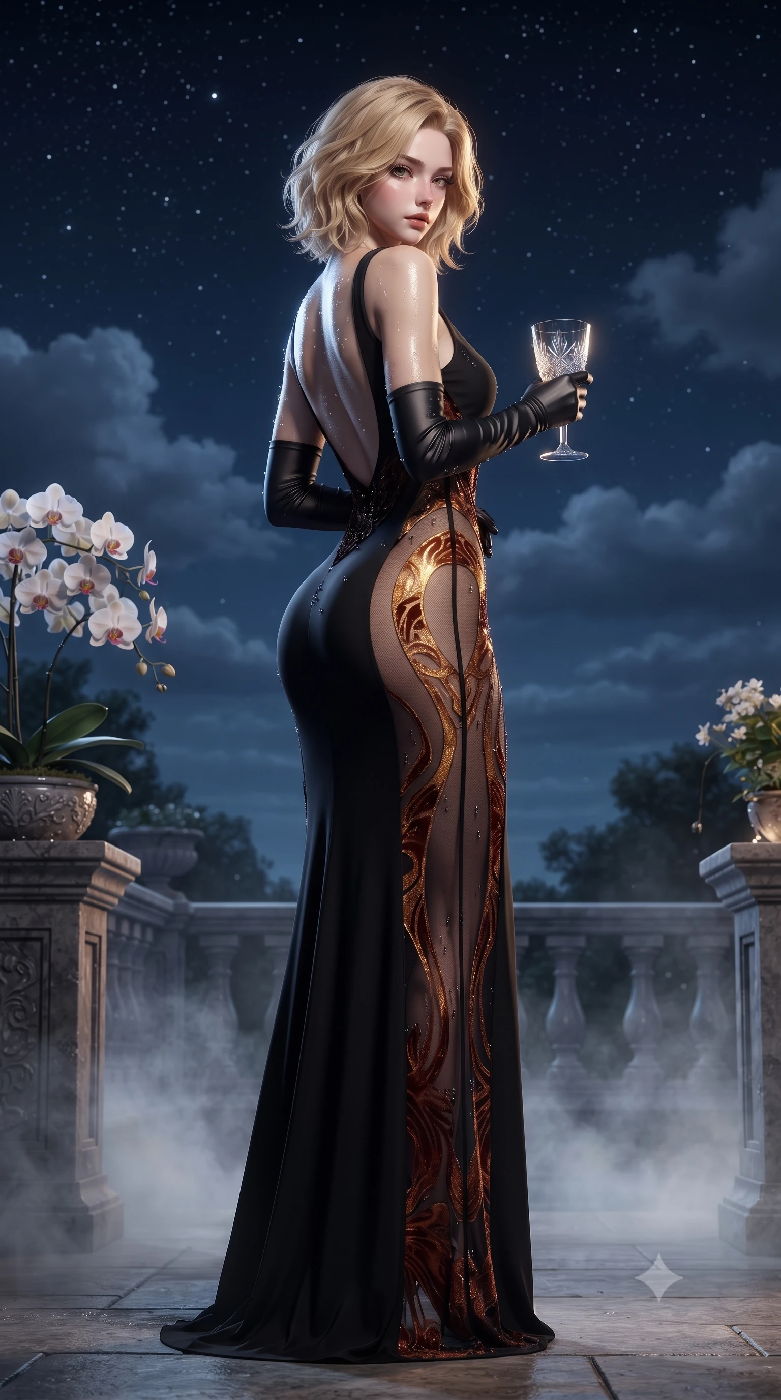 score_9, masterpiece, best quality, ultra-detailed, high-budget anime keyframe, editorial fashion photography, tasteful artistic composition, Caucasian woman. low angle full-body shot from head to toe showing her feet, filling the entire 9:16 vertical frame with her statuesque presence, stretching her vertical silhouette. posing with back turned slightly to the lens, glancing back with smoldering allure as she arches her lower back to emphasize her sculpted feminine hips and slender waist while pivoting dynamically on the mist-drenched terrace, night winds whipping her silk drapery to emphasize her tall statuesque proportions. The surrounding environment is rendered in vivid detail and crisp panoramic clarity. detailed high-tech fabric sheen, water droplet beads on orchids, and cloud texture clarity in high resolution. She has an exceptionally tall and slender model-like 8.5-heads proportion, an ultra-slim waist, a flat toned midriff, narrow delicate ribcage, and beautifully sculpted feminine hips creating a graceful, slim hourglass silhouette without any bulky heaviness, with impossibly long slender legs. sharp v-shaped jawline, high-bridge nose, intricate jewel-like eyes with depth, thick eyelashes, glossy parted lips with a natural sheen, intensely captivating and seductive bedroom-eyes expression, flawlessly proportioned anatomical accuracy, strict slender model proportions, natural body alignment, perfectly sculpted long slender limbs, ultra-slim waistline, clean dynamic posture without body distortion. wearing a second-skin black silk jersey maxi dress with asymmetrical sheer mesh side panels tracing the full curve of her hip in molten desert gold and burnt terracotta, made of sheer contouring power-mesh with velvet flocking patterns, accessorized with opera-length satin gloves and a vintage crystal glass, the precision-cut side openings and low-back scoop framing her graceful spine and the sensual sweep of her slim, toned hips. illuminated by wet specular highlights accentuating her slender neckline, sculpted waist, and rounded hips. ultra-reflective glossy finish, specular highlights, rich textural contrasts, high-contrast stereoscopic depth, volumetric dynamic lighting, 2k, ultra detail, master piece, 9:16 ratio
