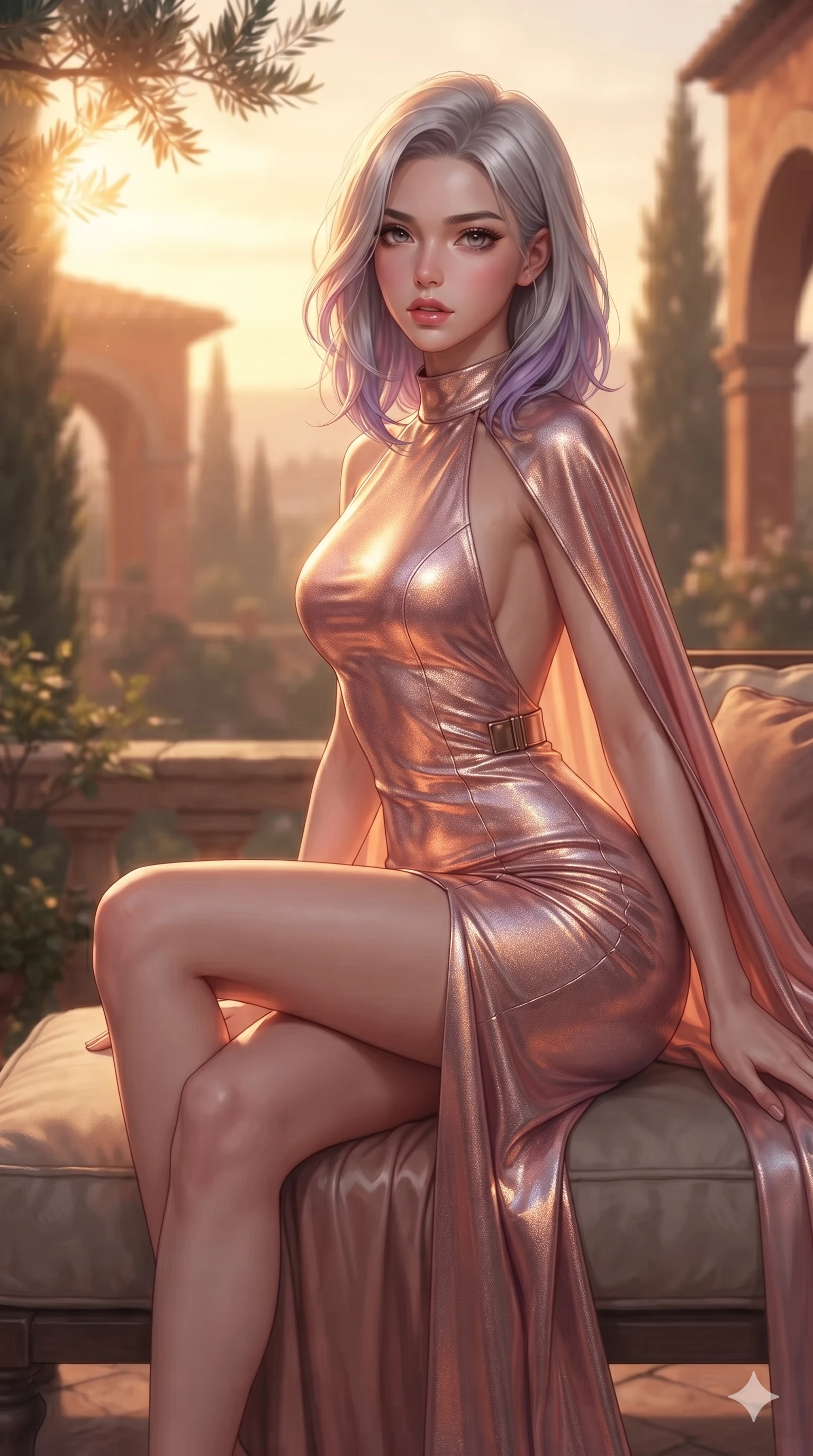 score_9, masterpiece, best quality, ultra-detailed, high-budget anime keyframe, editorial fashion photography, tasteful artistic composition, Caucasian woman. close-up cowboy shot from the waist and thighs up, the character dominates the composition, filling the frame with her large presence. perched sideways on the lounge seat, one knee drawn up to showcase her slender leg line while her arched back accentuates her feminine hip curve while twisting her slender torso in an alluring contrapposto stance, warm golden evening light caressing her flat midriff and feminine hips. The composition keeps background elements in soft focus with creamy bokeh: scented Tuscan evening breeze softened in Renaissance villa terrace shallow focus. She has an exceptionally elegant, slender, and willowy female figure with an ultra-slim waist, flat toned midriff, narrow ribcage, and sculpted feminine hips creating an alluring, slim hourglass silhouette without bulk. sharp v-shaped jawline, high-bridge nose, intricate jewel-like eyes with depth, thick eyelashes, glossy parted lips with a natural sheen, intensely captivating and seductive bedroom-eyes expression, flawlessly proportioned anatomical accuracy, strict slender model proportions, natural body alignment, perfectly sculpted long slender limbs, ultra-slim waistline, clean dynamic posture without body distortion. wearing an elegant backless metallic lamé evening gown with a high jewel neckline and flowing silk capelet in prismatic rose-quartz and alien peach, woven from buttery-soft stretch lambskin leather adhering to her body like a second skin, finished with sleek magnetic buckle closures fluttering in the breeze, the second-skin form-contouring cut accentuating her sculpted flat midriff, narrow delicate ribcage, and gracefully curvy hips with supermodel precision. bathed in the dramatic warm 2700K golden sunset glow filtering through cypress branches. ultra-reflective glossy finish, specular highlights, rich textural contrasts, high-contrast stereoscopic depth, volumetric dynamic lighting, 2k, ultra detail, master piece, 9:16 ratio