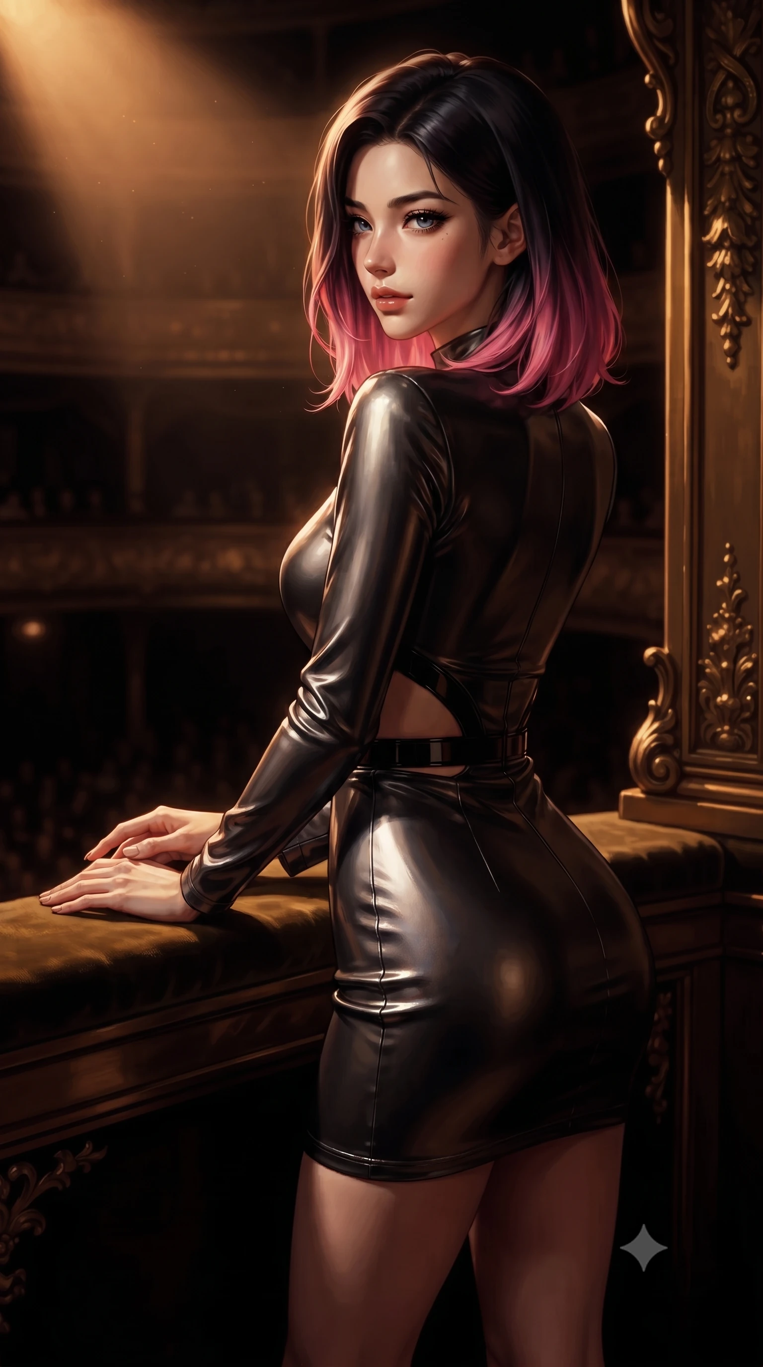 score_9, masterpiece, best quality, ultra-detailed, high-budget anime keyframe, editorial fashion photography, tasteful artistic composition, Korean woman. close-up cowboy shot from the waist and thighs up, the character dominates the composition, filling the frame with her large presence, background elements kept in soft focus. Glancing sidelong over her shoulder with a smoldering, enigmatic half-smile, gazing out over a colossal pitch-dark opera hall from an ornate dark gold booth, elegant nocturnal elegance in her composed posture and expression. She has an exceptionally elegant, slender, and willowy female figure with an ultra-slim waist, a gracefully sculpted slender torso, and a refined silhouette. sharp v-shaped jawline, high-bridge nose, intricate jewel-like eyes with depth, thick eyelashes, glossy lips with a natural sheen. wearing dramatic open-waist cutout mini dress in dark velvet framed by chrome hardware in dark mahogany, made of liquid dark mercury jersey, adorned with minimalist black onyx hardware framing the silhouette, the fitted fabric emphasizing her ultra-slim waist. lit by intense warm spotlight contrasting with deep dark mahogany shadows. ultra-reflective glossy finish, specular highlights, metallic sheen, high-contrast stereoscopic depth, volumetric dynamic lighting, 2k, ultra detail, master piece, 9:16 ratio