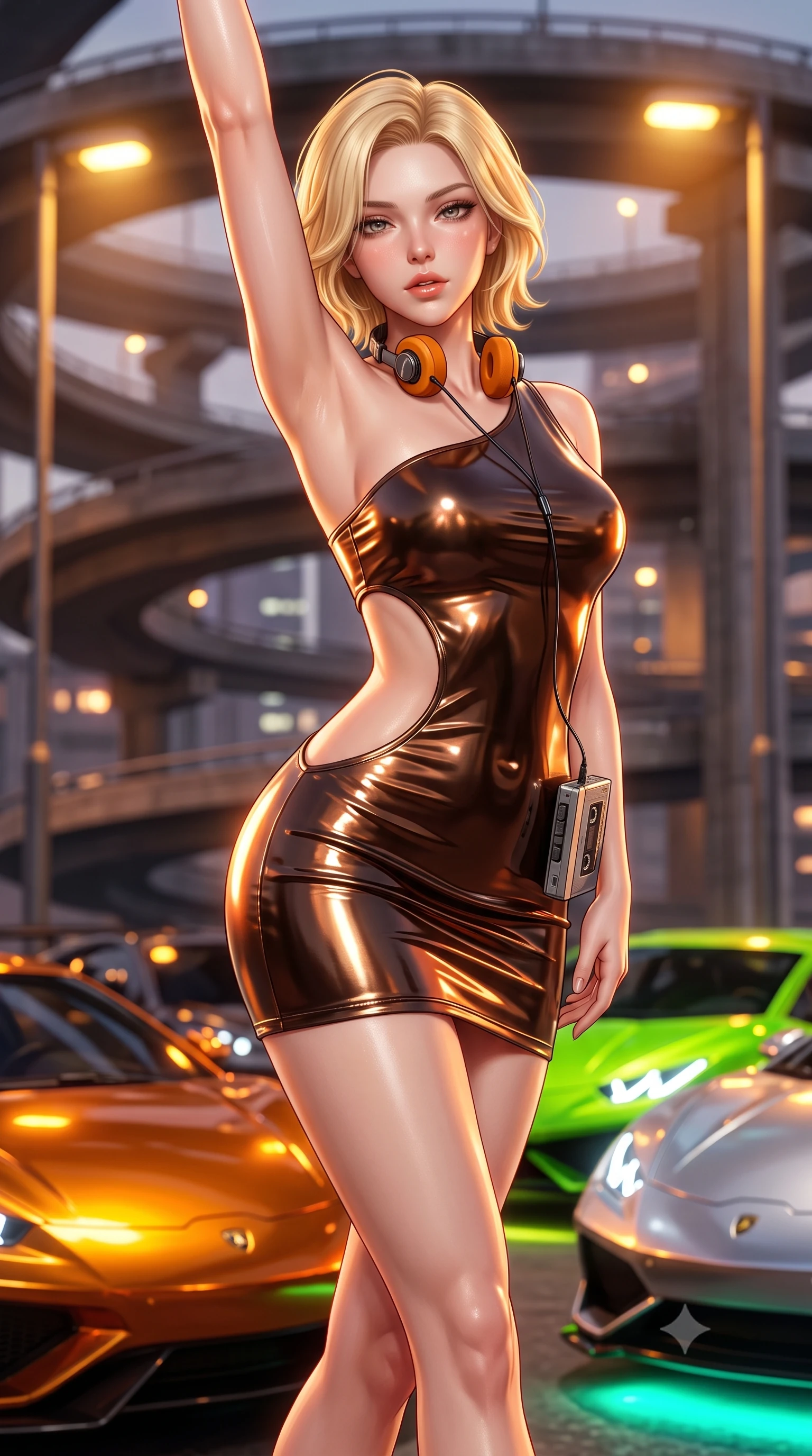 score_9, masterpiece, best quality, ultra-detailed, high-budget anime keyframe, semi-realistic 3D game render, editorial fashion photography, tasteful artistic composition, Caucasian woman. close-up cowboy shot from the waist and thighs up, the character dominates the composition, filling the frame with her large presence. leaning forward while arching her lower back to accentuate her curvy hips, looking into the camera with an intoxicating smoldering gaze and bedroom-eyes while sitting perched on the car roof with legs crossed and arms raised to stretch her statuesque 8.5-heads silhouette with sovereign cool. The background shows a soft-focus gleaming sports car hoods, spiral overpass expressway ramps, and sodium parking lamps blurred into molten amber, neon green, and silver bokeh. She has an exceptionally elegant, slender, and willowy female figure with an ultra-slim waist, flat toned midriff, narrow ribcage, and sculpted feminine hips creating an alluring, slim hourglass silhouette without bulk. sharp v-shaped jawline, high-bridge nose, sparkling eyes with hypnotic seductive depth, thick curled eyelashes, glossy parted lips with a natural dewy peach sheen, alluring bedroom-eyes with an enchanting coquettish smile, exuding magnetic siren charisma and sophisticated glamour, flawlessly proportioned anatomical accuracy, strict slender model proportions, natural body alignment, perfectly sculpted long slender limbs, ultra-slim waistline, clean dynamic posture without body distortion. wearing an asymmetric one-shoulder metallic disco mini dress with a dramatic side cutout hugging her waist and hips in sultry espresso bronze and metallic copper, crafted from wet-look high-gloss vinyl fabric with dazzling specular surface reflections, complemented by a retro cassette walkman with vintage foam-padded orange headphones, the glove-like clinging cut tightly following the natural contour of her hips and long slender legs with youthful 8.5-heads elegance. bathed in warm industrial sodium-vapor parking floodlights mixed with vibrant car neon underglow. highly saturated vibrant anime colors, detailed shading with soft gradients, rich glossy textures, high-contrast stereoscopic depth, volumetric dynamic lighting, master piece, 9:16 ratio