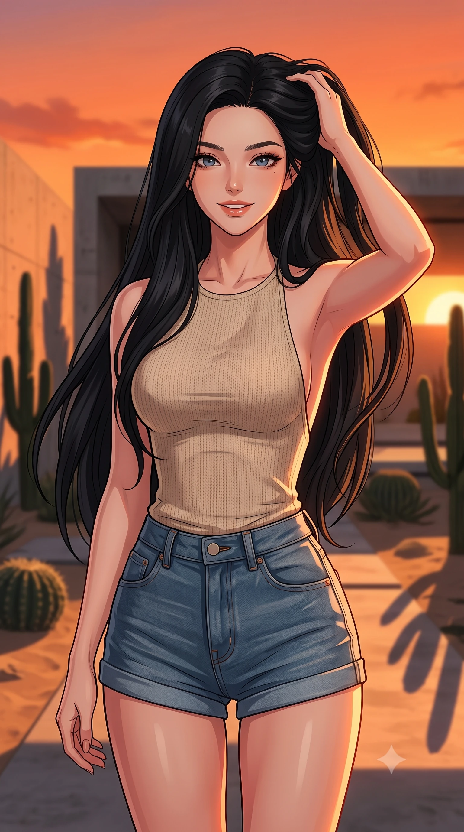 score_9, masterpiece, best quality, ultra-detailed, high-budget anime keyframe, tasteful artistic composition, Korean woman. close-up cowboy shot from the waist and thighs up, the character dominates the composition, filling the frame with her large presence, background elements kept in soft focus. smiling with quiet, magnetic self-assurance directly into the camera, running a hand through her hair the background shows a soft-focus a modern concrete villa garden with minimalist cacti and sand landscaping at sunset. She has an exceptionally elegant, slender, and willowy female figure with an ultra-slim waist, a gracefully sculpted slender torso, and a refined silhouette. sharp v-shaped jawline, high-bridge nose, intricate jewel-like eyes with depth, thick eyelashes, glossy lips with a natural sheen. wearing a slim-fit backless knit top in beige wool, paired with high-waisted denim shorts. the dramatic orange glow of a sunset casting long cactus shadows. highly saturated vibrant anime colors, cel-shading, 2d style, master piece, 9:16 ratio