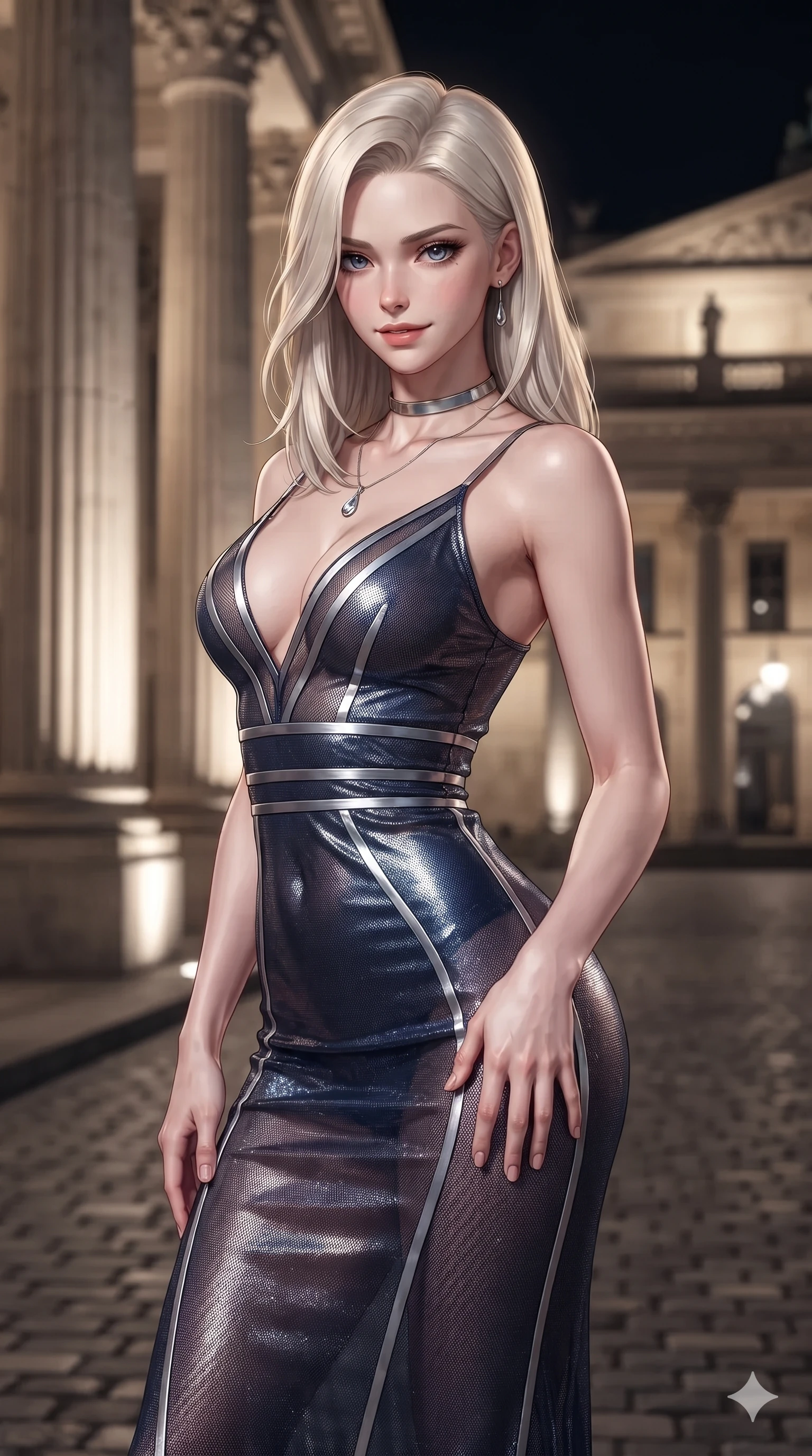 score_9, masterpiece, best quality, ultra-detailed, high-budget anime keyframe, editorial fashion photography, tasteful artistic composition, Caucasian woman. close-up cowboy shot from the waist and thighs up, the character dominates the composition, filling the frame with her large presence. tilting her head with a teasing half-smile, running one hand slowly down the side of her hip in a flirtatious S-curve as ambient neon caresses her silhouette while twisting her slender torso in an alluring S-curve along the stone colonnade, architectural spotlights tracing her narrow waist and curvy hips. The background shows a soft-focus towering Corinthian stone pillars, illuminated opera house portico, and distant cobblestone plaza blurred into alabaster, gold, and slate bokeh. She has an exceptionally elegant, slender, and willowy female figure with an ultra-slim waist, flat toned midriff, narrow ribcage, and sculpted feminine hips creating an alluring, slim hourglass silhouette without bulk. sharp v-shaped jawline, high-bridge nose, intricate jewel-like dark sparkling eyes with dangerous depth, thick curled eyelashes, glossy parted lips with a rich wine sheen, smoldering seductive half-smile with bedroom-eyes, exuding effortless superiority and intoxicating dark allure, flawlessly proportioned anatomical accuracy, strict slender model proportions, natural body alignment, perfectly sculpted long slender limbs, ultra-slim waistline, clean dynamic posture without body distortion. wearing a plunge-front sheer illusion tulle slip dress with liquid platinum ribbon stripes hugging her curves in midnight sapphire navy and chrome silver, crafted from stretch micro-mesh with metallic foil coating that shimmers in the city night lights, finished with a minimalist chrome choker and a single teardrop pendant, the form-fitting cut adhering flawlessly to her sculpted flat midriff and slender torso, emphasizing her long leg lines and perfectly proportioned willowy build. bathed in dramatic architectural uplights washing vertically across classical stone pillars. ultra-reflective glossy finish, specular highlights, rich textural contrasts, high-contrast stereoscopic depth, volumetric dynamic lighting, 2k, ultra detail, master piece, 9:16 ratio
