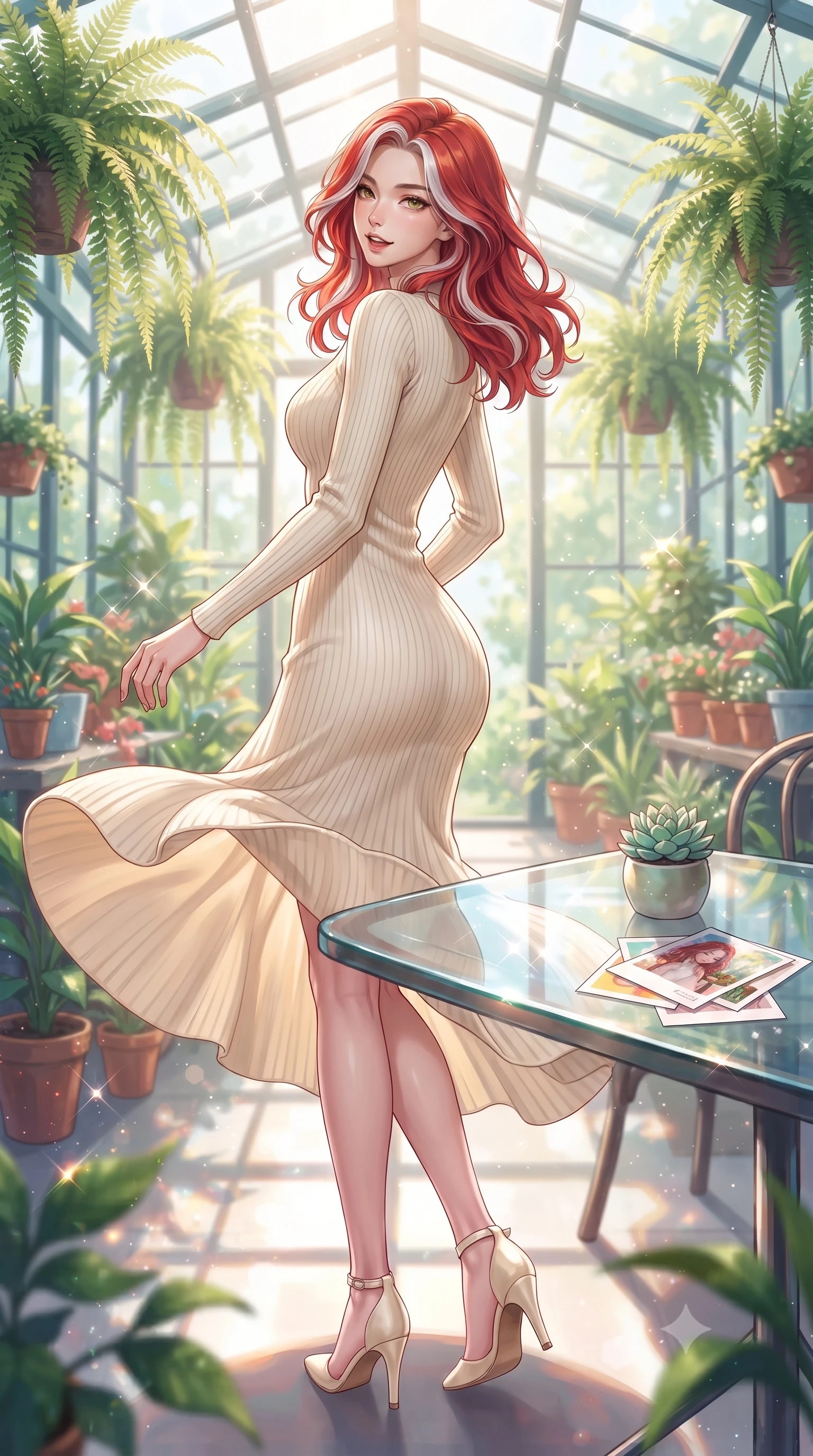 score_9, masterpiece, best quality, ultra-detailed, high-budget anime keyframe, editorial fashion photography, tasteful artistic composition, Caucasian woman. low angle full-body shot from head to toe showing her feet, filling the entire 9:16 vertical frame with her statuesque presence, stretching her vertical silhouette. twirling around with a playful, cute laugh, her skirt billowing beautifully in the air set against a soft-focus background of in a quiet glass-roofed sunroom cafe filled with hanging ferns and flower pots with a small green plant and a stack of cute design postcards on the table. She has an absolutely perfect, statuesque 8.5-heads proportion, an exceptionally tall and slender model-like female figure with impossibly long slender legs and an ultra-slim waist. sharp v-shaped jawline, high-bridge nose, intricate jewel-like eyes with depth, thick eyelashes, glossy lips with a natural sheen. wearing form-contouring form-fitting ribbed knit dress in cream, contouring her slender silhouette. bright daylight reflecting off the glass table and creating sparkling glints. highly saturated vibrant anime colors, detailed shading with soft gradients, rich glossy textures, high-contrast stereoscopic depth, volumetric dynamic lighting, master piece, 9:16 ratio