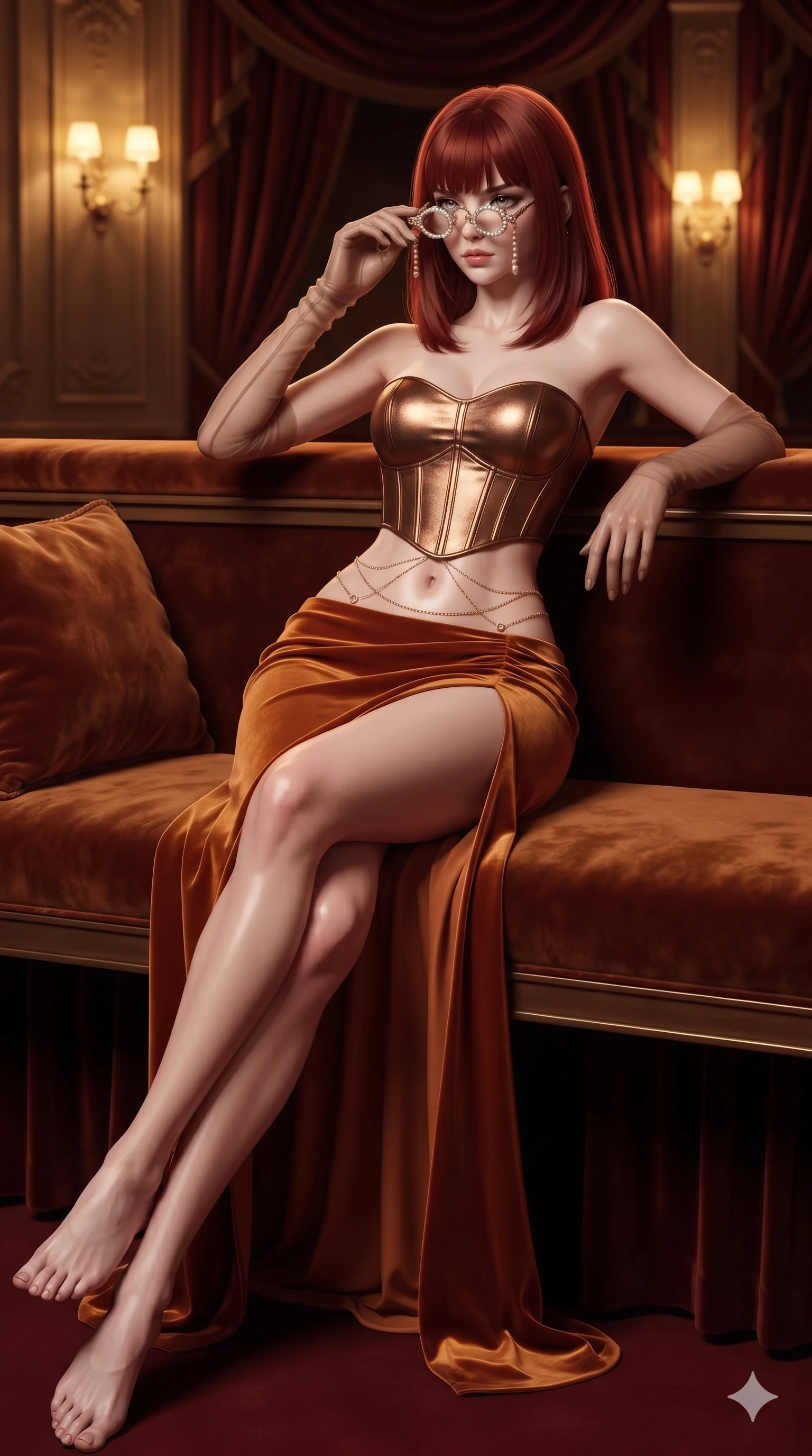 score_9, masterpiece, best quality, ultra-detailed, high-budget anime keyframe, semi-realistic 3D game render, editorial fashion photography, tasteful artistic composition, Caucasian woman. low angle full-body shot from head to toe showing her feet, filling the entire 9:16 vertical frame with her statuesque presence, stretching her vertical silhouette. lounging on the lavish daybed with legs crossed and hips angled toward the camera, displaying her toned midriff and long slender limbs with effortless siren poise while leaning against the velvet-cushioned box balustrade with hips cocked back, looking through pearl opera glasses with intoxicating, teasing bedroom-eyes. The composition keeps background elements in soft focus with creamy bokeh: velvet-draped royal box ambience softened in private opera loge shallow focus. She has an exceptionally tall and slender model-like 8.5-heads proportion, an ultra-slim waist, a flat toned midriff, narrow delicate ribcage, and beautifully sculpted feminine hips creating a graceful, slim hourglass silhouette without any bulky heaviness, with impossibly long slender legs. sharp v-shaped jawline, high-bridge nose, intricate jewel-like eyes with depth, thick eyelashes, glossy parted lips with a natural sheen, intensely captivating and seductive bedroom-eyes expression, flawlessly proportioned anatomical accuracy, strict slender model proportions, natural body alignment, perfectly sculpted long slender limbs, ultra-slim waistline, clean dynamic posture without body distortion. wearing a strapless velvet column gown with deep side slit, metallic leather corset bodice, and sheer opera gloves in warm Tuscan ochre and terracotta sienna, crafted from fluid liquid silk satin that clings smoothly to her narrow waist and rounded hips with a dewy sheen, accented with a dainty gold belly chain resting across her flat midriff and curving hips, the precision-cut side openings and low-back scoop framing her graceful spine and the sensual sweep of her slim, toned hips. bathed in warm 2500K golden wall sconce radiance contrasted with dramatic auditorium ambient glow. highly saturated vibrant anime colors, detailed shading with soft gradients, rich glossy textures, high-contrast stereoscopic depth, volumetric dynamic lighting, master piece, 9:16 ratio