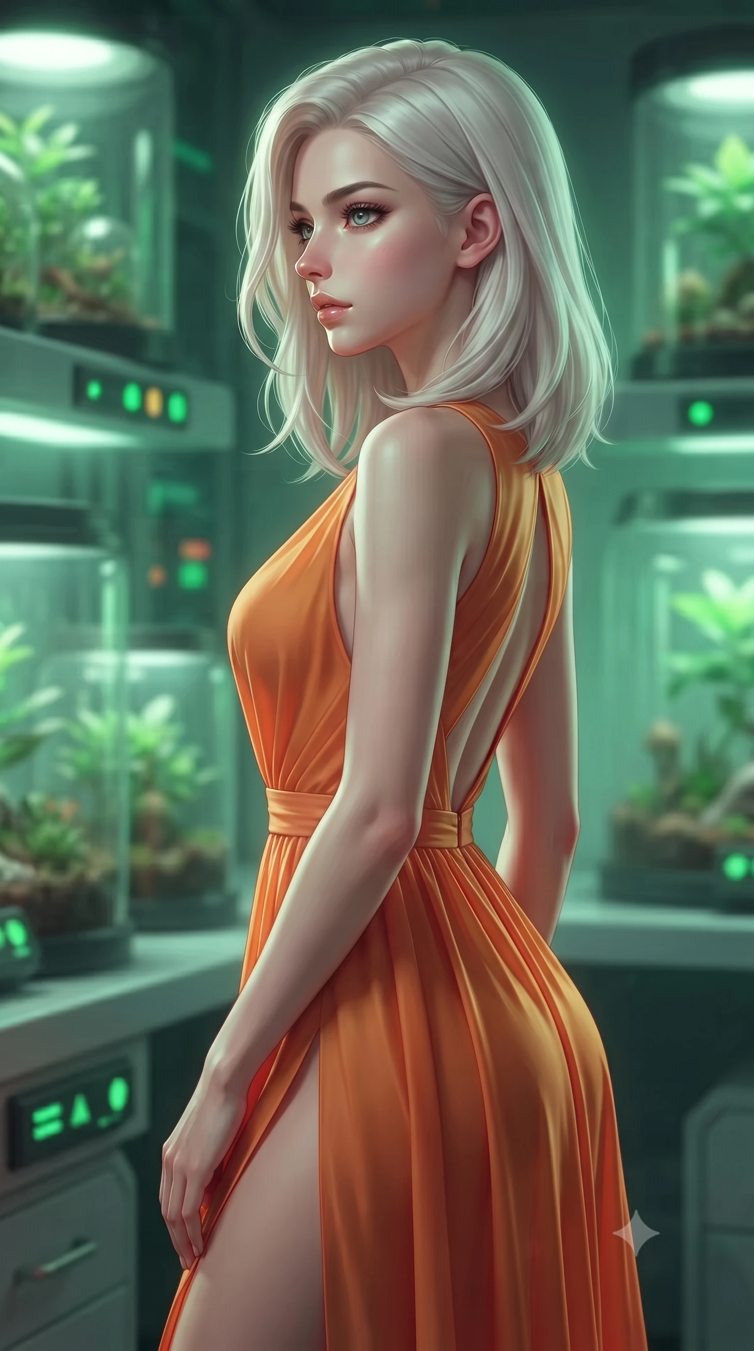 score_9, masterpiece, best quality, ultra-detailed, high-budget anime keyframe, editorial fashion photography, tasteful artistic composition, Caucasian woman. close-up cowboy shot from the waist and thighs up, the character dominates the composition, filling the frame with her large presence, background elements kept in soft focus. turning her face in sharp profile, casting a cold, mysterious, yet intensely alluring side gaze, the background shows a soft-focus a futuristic botanical laboratory with glass terrariums and glowing green indicators. She has an exceptionally elegant, slender, and willowy female figure with an ultra-slim waist, a gracefully sculpted slender torso, and a refined silhouette. sharp v-shaped jawline, high-bridge nose, intricate jewel-like eyes with depth, thick eyelashes, glossy lips with a natural sheen. wearing a tailored high-slit resort gown in sunset orange chiffon, featuring a daring thigh-slit and open back. soft emerald glow radiating from terrariums onto her features. highly saturated vibrant anime colors, detailed shading with soft gradients, rich glossy textures, high-contrast stereoscopic depth, volumetric dynamic lighting, master piece, 9:16 ratio