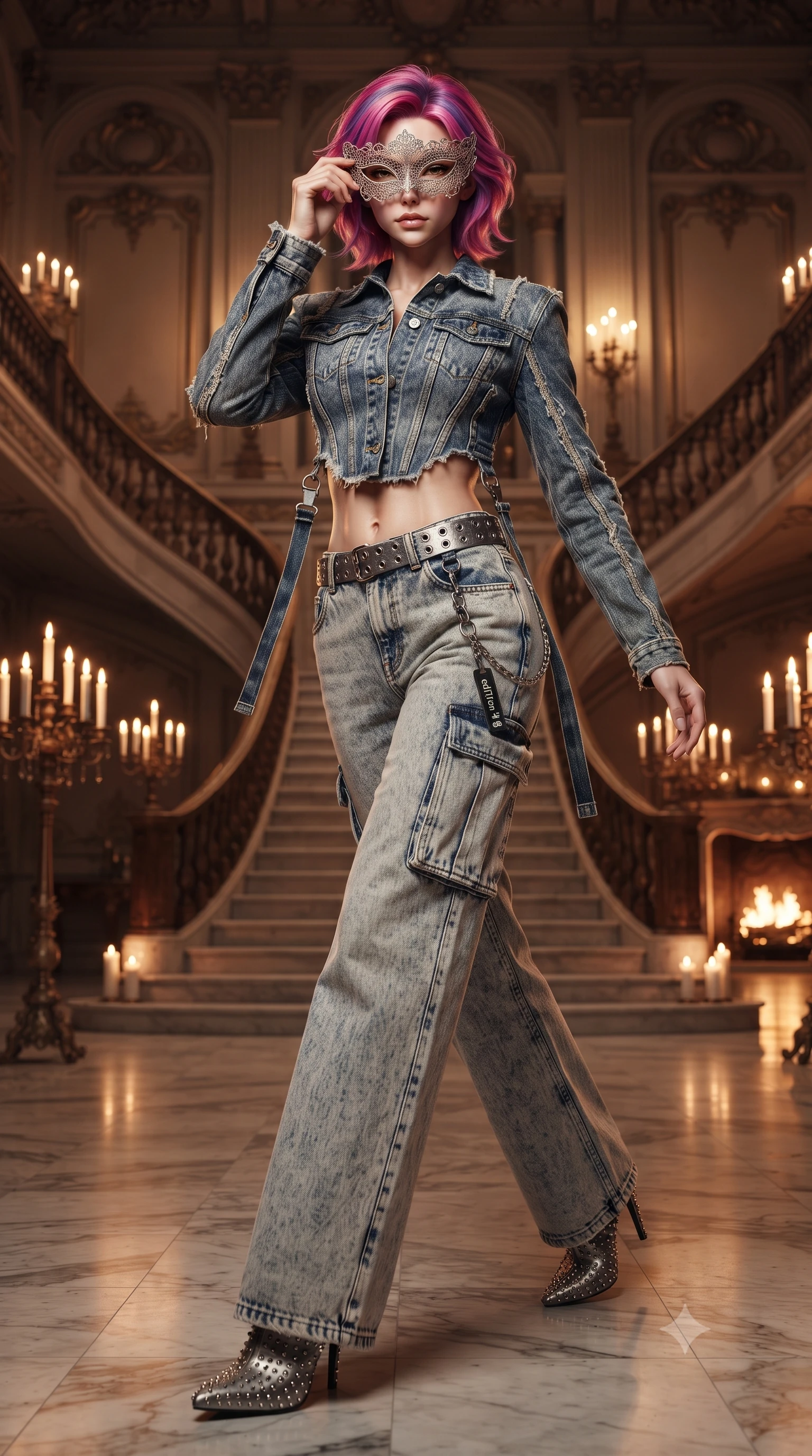 score_9, masterpiece, best quality, ultra-detailed, high-budget anime keyframe, editorial fashion photography, tasteful artistic composition, Caucasian woman. low angle full-body shot from head to toe showing her feet, filling the entire 9:16 vertical frame with her statuesque presence, stretching her vertical silhouette. striding forward in a proud, dynamic supermodel runway stride, her statuesque vertical silhouette commanding the entire frame while attending a lavish masquerade ball in an opulent baroque mansion, holding an intricate filigree lace mask to her captivating eyes. The surrounding environment is rendered in vivid detail and crisp panoramic clarity. luxurious neo-noir romance chiaroscuro and lavish historical mansion opulence rendered with precision. She has an absolutely perfect, statuesque 8.5-heads proportion, an exceptionally tall and slender model-like female figure with impossibly long slender legs, a toned flat midriff, and an ultra-slim waist. sharp v-shaped jawline, high-bridge nose, intricate jewel-like eyes with depth, thick eyelashes, glossy lips with a natural sheen, captivating and magnetic expression, flawlessly proportioned anatomical accuracy, strict slender model proportions, natural body alignment, perfectly sculpted long slender limbs, ultra-slim waistline, clean dynamic posture without body distortion. wearing a deconstructed denim corseted crop jacket paired with high-waisted wide-leg utility jeans and a silver grommet belt in acid-wash light denim and dark chrome, tailored from distressed structured cotton denim with metallic thread, accented with hanging industrial clip straps and chrome chain links edition #18, the form-contouring material adhering flawlessly to her sculpted flat midriff and slender torso, emphasizing her long leg lines and perfectly proportioned willowy build. bathed in romantic warm candelabra glow and dramatic fireplace ember uplights. ultra-reflective glossy finish, specular highlights, rich textural contrasts, high-contrast stereoscopic depth, volumetric dynamic lighting, 2k, ultra detail, master piece, 9:16 ratio