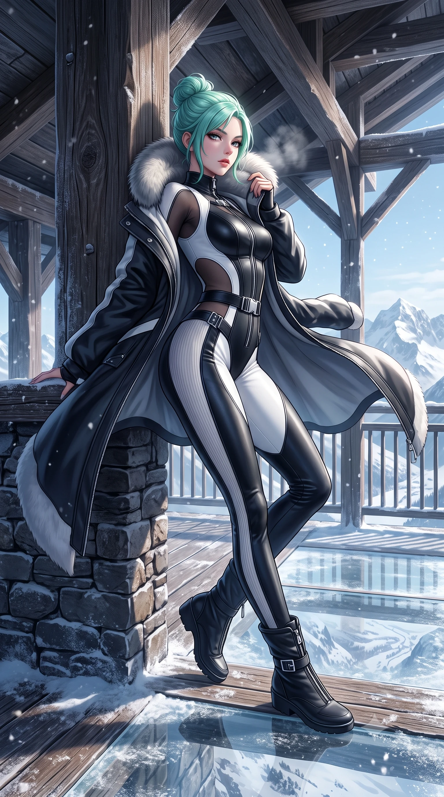 score_9, masterpiece, best quality, ultra-detailed, high-budget anime keyframe, semi-realistic 3D game render, editorial fashion photography, tasteful artistic composition, Japanese woman. low angle full-body shot from head to toe showing her feet, filling the entire 9:16 vertical frame with her statuesque presence, stretching her vertical silhouette. leaning deep against the structural architecture with hips cocked in an unapologetically bold, seductive high-fashion stance while pivoting gracefully on the frosted glass deck, pulling her fur-trimmed collar close while casting an alluring side-gaze. The surrounding environment is rendered in vivid detail and crisp panoramic clarity. breathtaking high-altitude winter chiaroscuro and luxury alpine resort architecture in sharp resolution. She has an absolutely perfect, statuesque 8.5-heads proportion, an exceptionally tall and slender model-like female figure with impossibly long slender legs, a toned flat midriff, and an ultra-slim waist. sharp v-shaped jawline, high-bridge nose, intricate jewel-like eyes with depth, thick eyelashes, glossy parted lips with a natural sheen, intensely captivating and seductive expression, flawlessly proportioned anatomical accuracy, strict slender model proportions, natural body alignment, perfectly sculpted long slender limbs, ultra-slim waistline, clean dynamic posture without body distortion. wearing a cutout polar techwear bodysuit with sheer thermal mesh panels and snow gaiter boots in high-contrast black ski leather and arctic white, knitted from ultra-soft fine Mongolian cashmere with body-contouring ribbing, finished with polished chrome buckle closures and snow-gaiter zippers, the sweeping couture drape swaying majestically with her steps, accentuating her tall statuesque limbs and slender waistline. surrounded by a glamorous, elite, and heart-meltingly alluring winter sanctuary goddess aura. highly saturated vibrant anime colors, detailed shading with soft gradients, rich glossy textures, high-contrast stereoscopic depth, volumetric dynamic lighting, master piece, 9:16 ratio