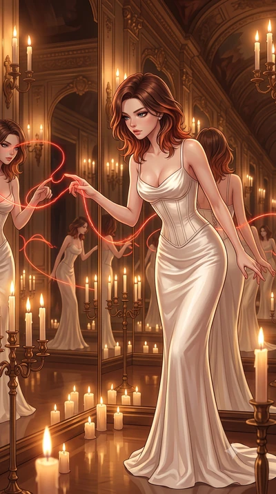 score_9, masterpiece, best quality, ultra-detailed, High-budget Anime Keyframe, East Asian woman. Dynamic full-body shot stretching the vertical silhouette to the limit. Scenario 520: tracing a glowing red thread of fate with her fingers in a hall of