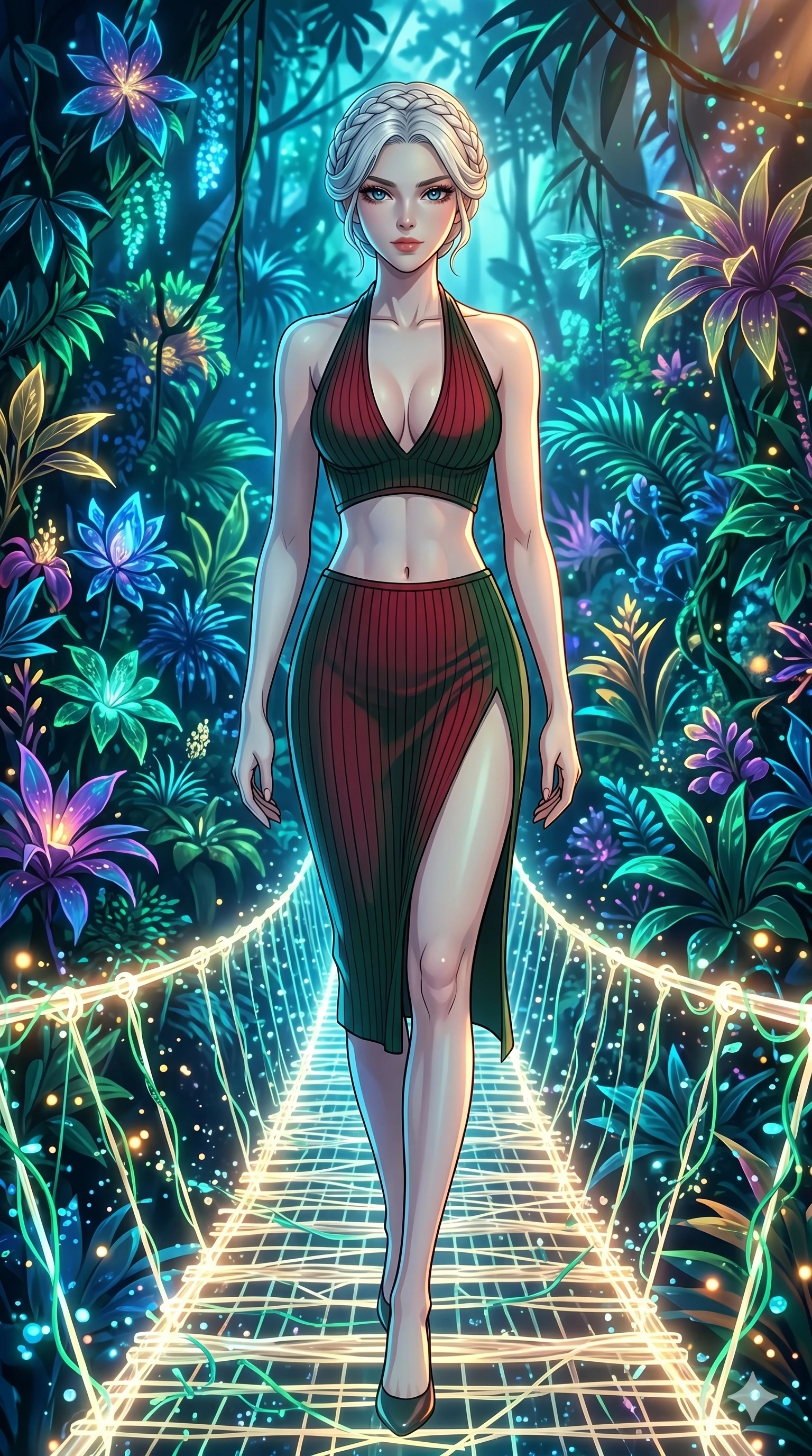 score_9, masterpiece, best quality, ultra-detailed, High-budget Anime Keyframe, vibrant colors, fluid line-art, expressive lighting, cinematic composition, Ufotable-style visual effects, top-tier animation quality, Korean woman with idol-like refined features. Upper body close-up from the thighs up, character filling the screen for maximum presence. Walking across a bridge made of woven light and digital vines. She has an absolutely perfect 8-heads proportion, an exceptionally tall and slender female figure with impossibly long slender legs and an ultra-slim waist, her statuesque height and towering silhouette dominating the vertical 9:16 frame. Her face is a masterpiece featuring a sharp v-shaped jawline, high-bridge nose, intricate jewel-like eyes with depth, thick eyelashes, and glossy lips with a natural sheen. She is wearing a Ribbed knit bodycon midi dress with a deep-V neck halter top, featuring an exposed midriff and a dangerous high slit.. The scene is set in a bioluminescent jungle where every leaf and flower glows with a unique frequency. 2k, ultra detail, master piece, 9:16 ratio