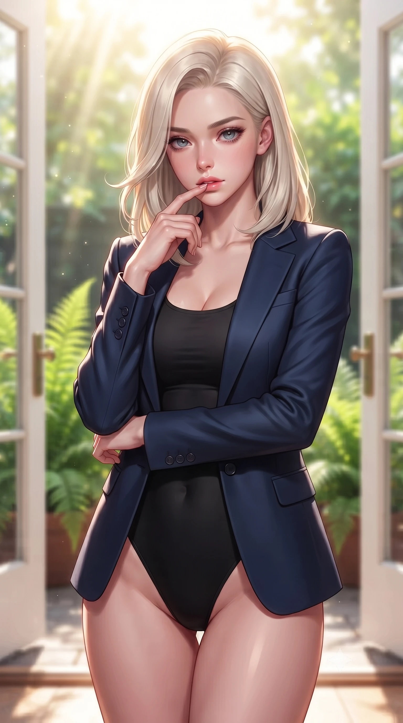 score_9, masterpiece, best quality, ultra-detailed, high-budget anime keyframe, editorial fashion photography, tasteful artistic composition, Caucasian woman. close-up cowboy shot from the waist and thighs up, the character dominates the composition, filling the frame with her large presence, background elements kept in soft focus. pressing one finger to her bottom lip in a thoughtful, seductive gesture under the warm sun the background shows a soft-focus a private sun-drenched patio with double glass doors opening to a lush fern garden. She has an exceptionally elegant, slender, and willowy female figure with an ultra-slim waist, a gracefully sculpted slender torso, and a refined silhouette. sharp v-shaped jawline, high-bridge nose, intricate jewel-like eyes with depth, thick eyelashes, glossy lips with a natural sheen. wearing a tailored sleek tailored blazer in navy blue worn closed over a tight-fitting black bodysuit. bright afternoon sun rays illuminating her form and green foliage. highly saturated vibrant anime colors, detailed shading with soft gradients, rich glossy textures, high-contrast stereoscopic depth, volumetric dynamic lighting, master piece, 9:16 ratio