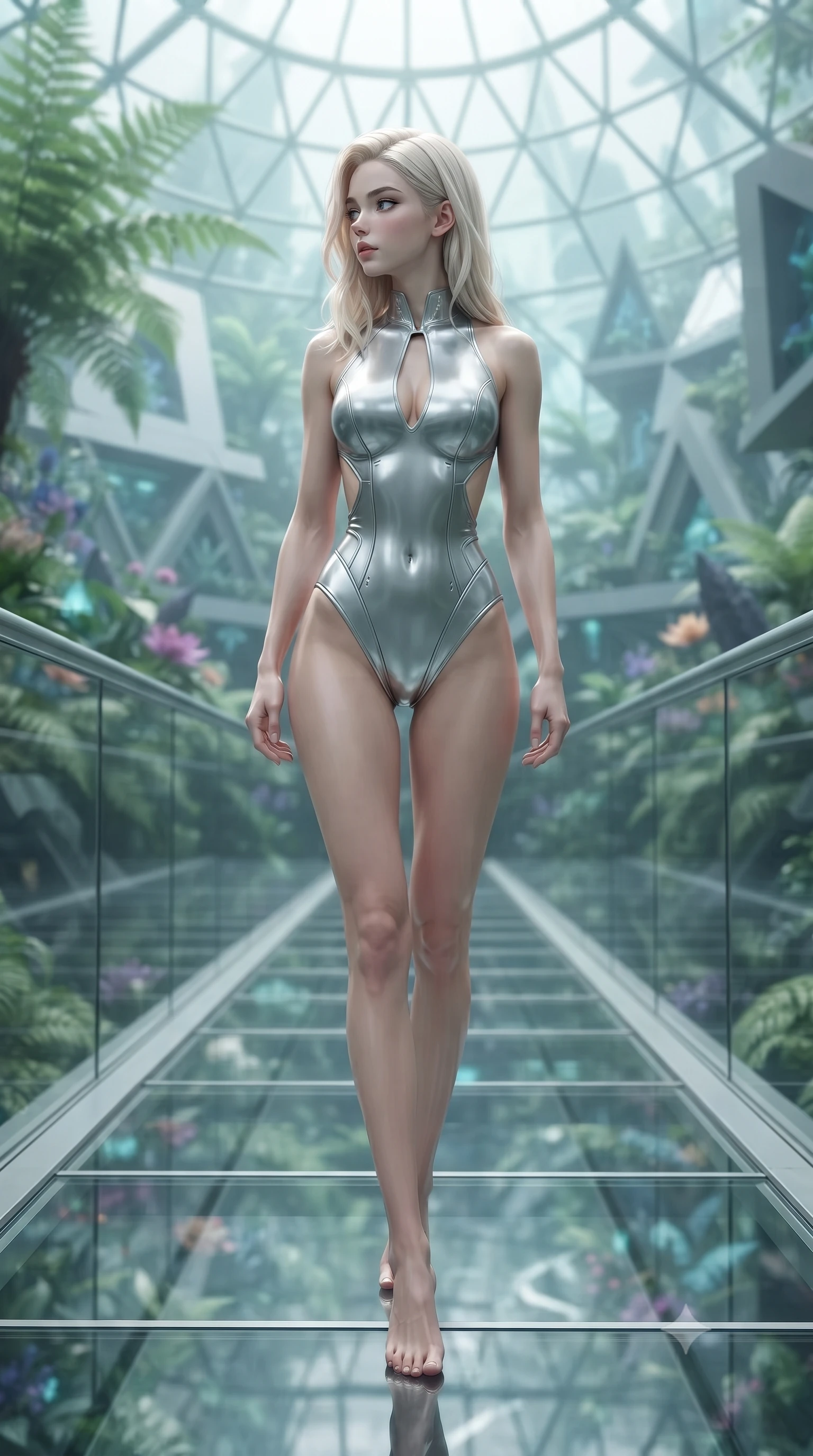 score_9, masterpiece, best quality, ultra-detailed, high-budget anime keyframe, editorial fashion photography, tasteful artistic composition, Caucasian woman. low angle full-body shot from head to toe showing her feet, filling the entire 9:16 vertical frame with her statuesque presence, stretching her vertical silhouette. walking slowly along a glass skybridge, looking back over her shoulder with an air of effortless grace, the background shows a soft-focus a citadel garden dome filled with bio-engineered ferns and flowers. She has an absolutely perfect, statuesque 8.5-heads proportion, an exceptionally tall and slender model-like female figure with impossibly long slender legs and an ultra-slim waist. sharp v-shaped jawline, high-bridge nose, intricate jewel-like eyes with depth, thick eyelashes, glossy lips with a natural sheen. wearing a tailored backless combat bodysuit in metallic silver, featuring a plunging keyhole cutout and low-cut back. soft green and indigo bioluminescent plant lighting casting a serene wash. ultra-reflective glossy finish, specular highlights, metallic sheen, high-contrast stereoscopic depth, volumetric dynamic lighting, 2k, ultra detail, master piece, 9:16 ratio