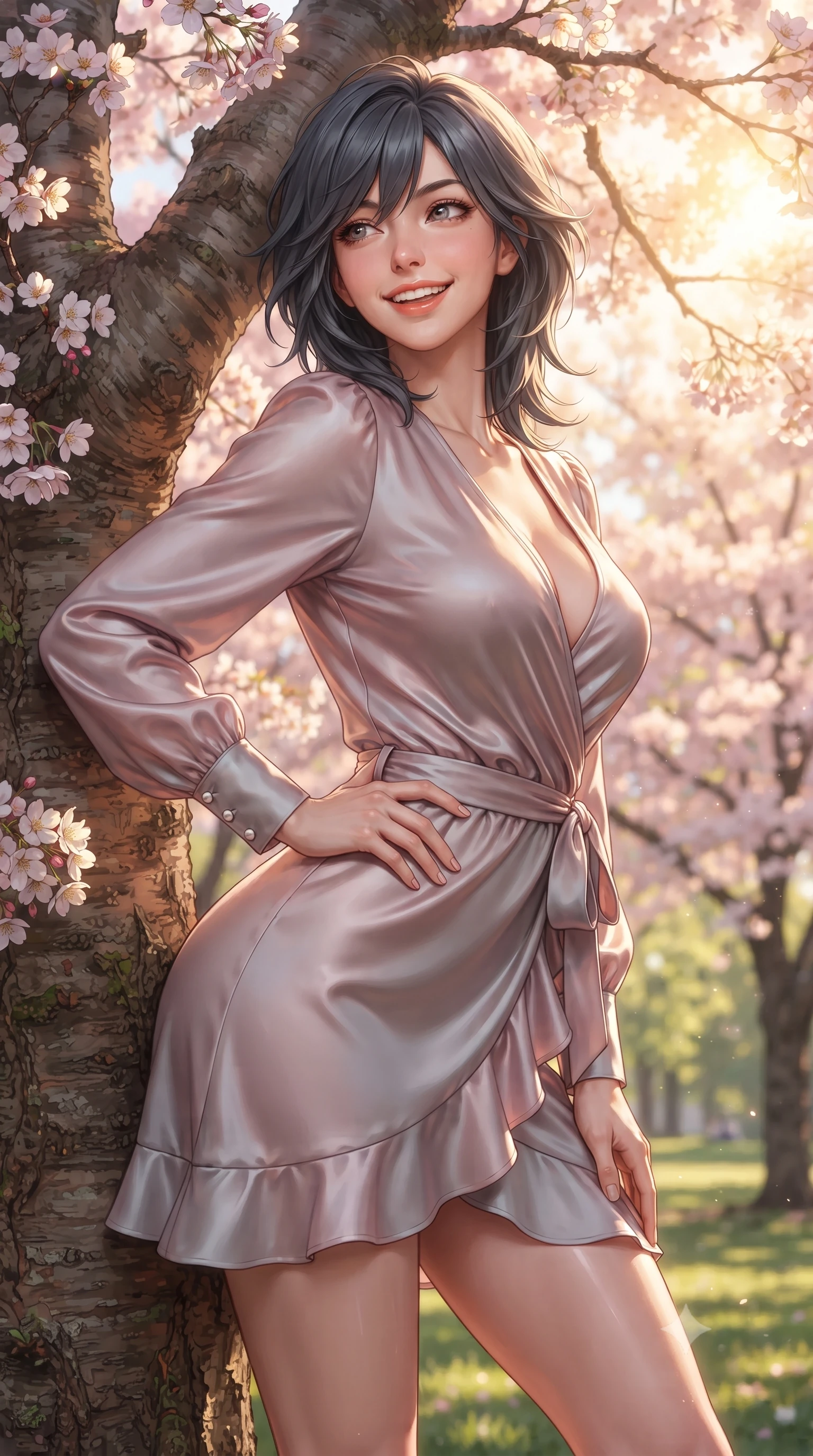 score_9, masterpiece, best quality, ultra-detailed, high-budget anime keyframe, editorial fashion photography, tasteful artistic composition, Caucasian woman. close-up cowboy shot from the waist and thighs up, the character dominates the composition, filling the frame with her large presence. twisting her slender torso in an alluring contrapposto stance, one hand resting on her sculpted hip while flashing a radiant, playful smile with parted glossy lips while leaning against a flowering cherry tree trunk with hips cocked back, looking over a bare shoulder with an enchanting, playful girlhood charm. The surrounding environment is rendered in vivid detail and crisp panoramic clarity. detailed knit top texture, warm sun glints on skin, and park landscape clarity in high resolution. She has an exceptionally elegant, slender, and willowy female figure with an ultra-slim waist, flat toned midriff, narrow ribcage, and sculpted feminine hips creating an alluring, slim hourglass silhouette without bulk. sharp v-shaped jawline, high-bridge nose, intricate jewel-like sparkling eyes with depth, thick eyelashes, glossy parted lips with a natural peach sheen, bright cheerful beaming smile with an enchanting and coquettish sensual glint, exuding both youthful cute charm and seductive allure, flawlessly proportioned anatomical accuracy, strict slender model proportions, natural body alignment, perfectly sculpted long slender limbs, ultra-slim waistline, clean dynamic posture without body distortion. wearing a breezy wrap mini dress with a deep V-neckline and tie-waist accentuating her sculpted flat midriff and hips in dusty rose and soft dove grey, made of smooth fluid silk satin with a delicate pearlescent sheen, finished with subtle ruffle trims and delicate pearl buttons, the glove-like silhouette tightly following the natural contour of her hips and long slender legs with youthful 8.5-heads elegance. bathed in warm, golden spring morning sunlight streaming through flowering tree canopies. ultra-reflective glossy finish, specular highlights, rich textural contrasts, high-contrast stereoscopic depth, volumetric dynamic lighting, 2k, ultra detail, master piece, 9:16 ratio