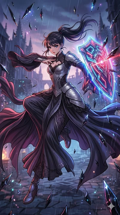 score_9, masterpiece, best quality, ultra-detailed, high-budget anime movie keyframe, cinematic anime lighting, intricate line art, Caucasian woman. Mid-air action shot capturing a graceful twist and vertical silhouette. deflecting a rain of obsidian